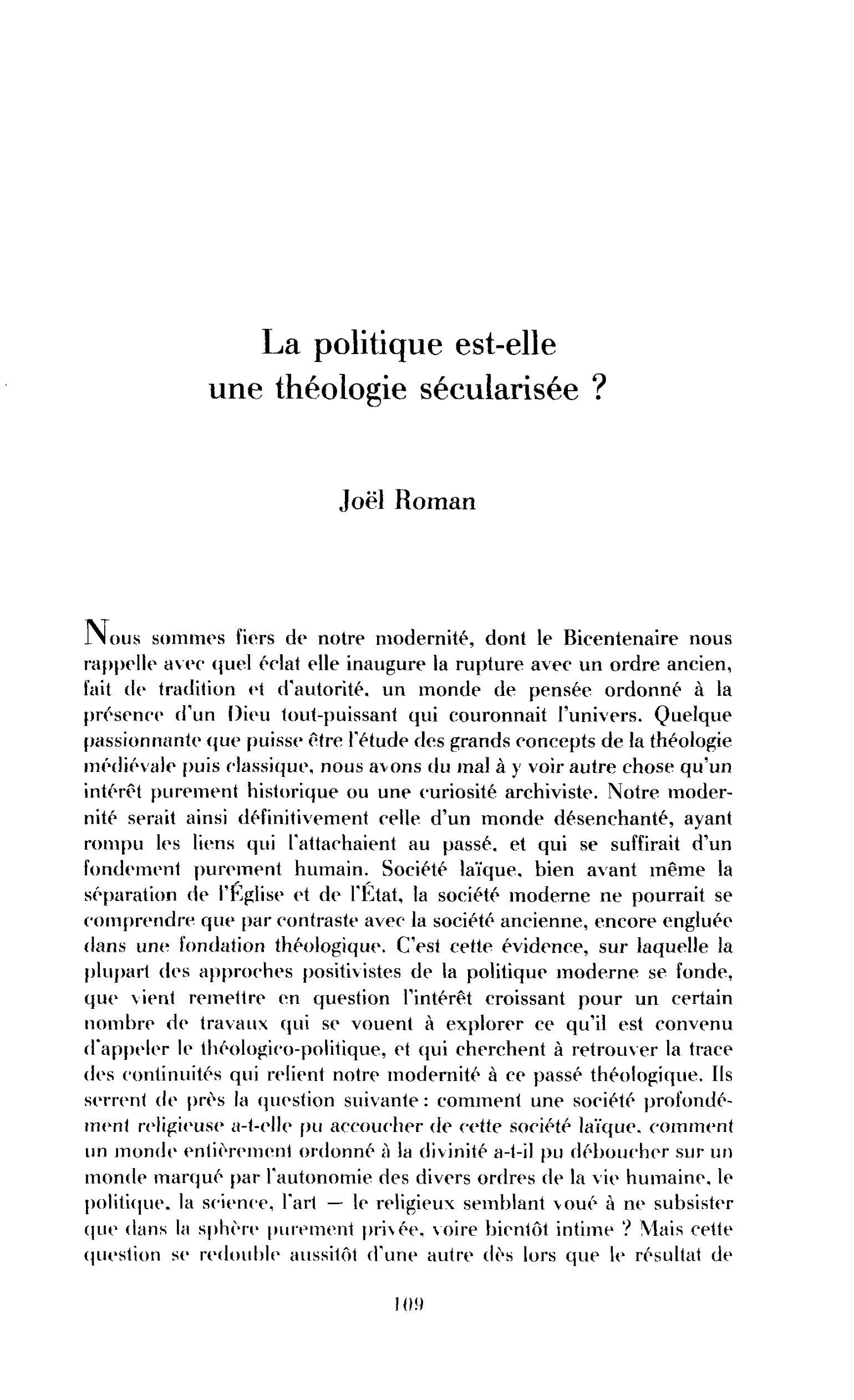 La politique est-elle une théologie sécularisée ?