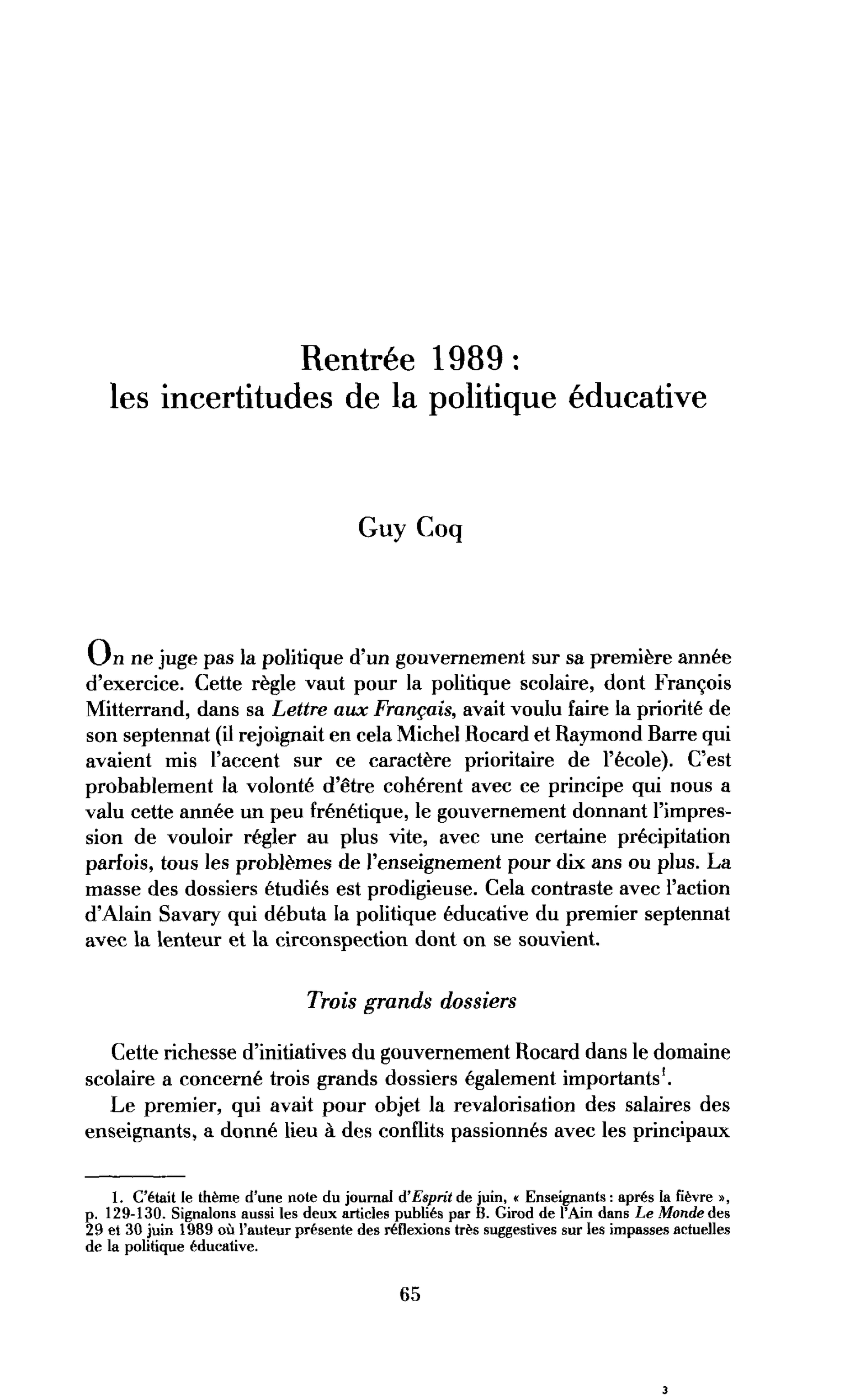 Rentrée 1989 : les incertitudes de la politique éducative