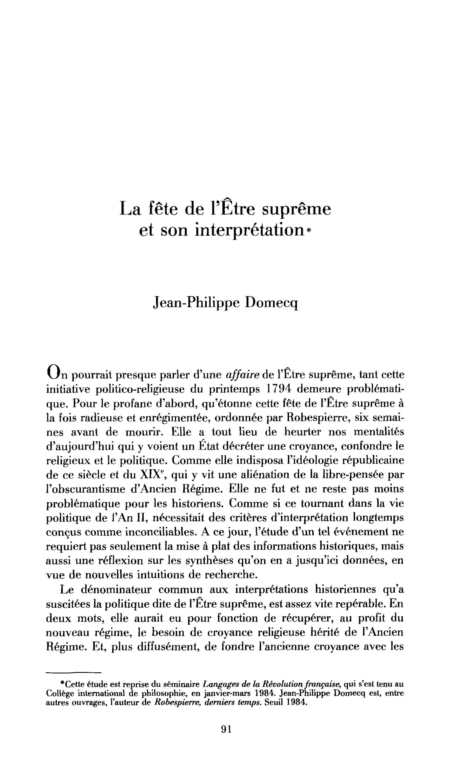 La fête de l’Être suprême et son interprétation