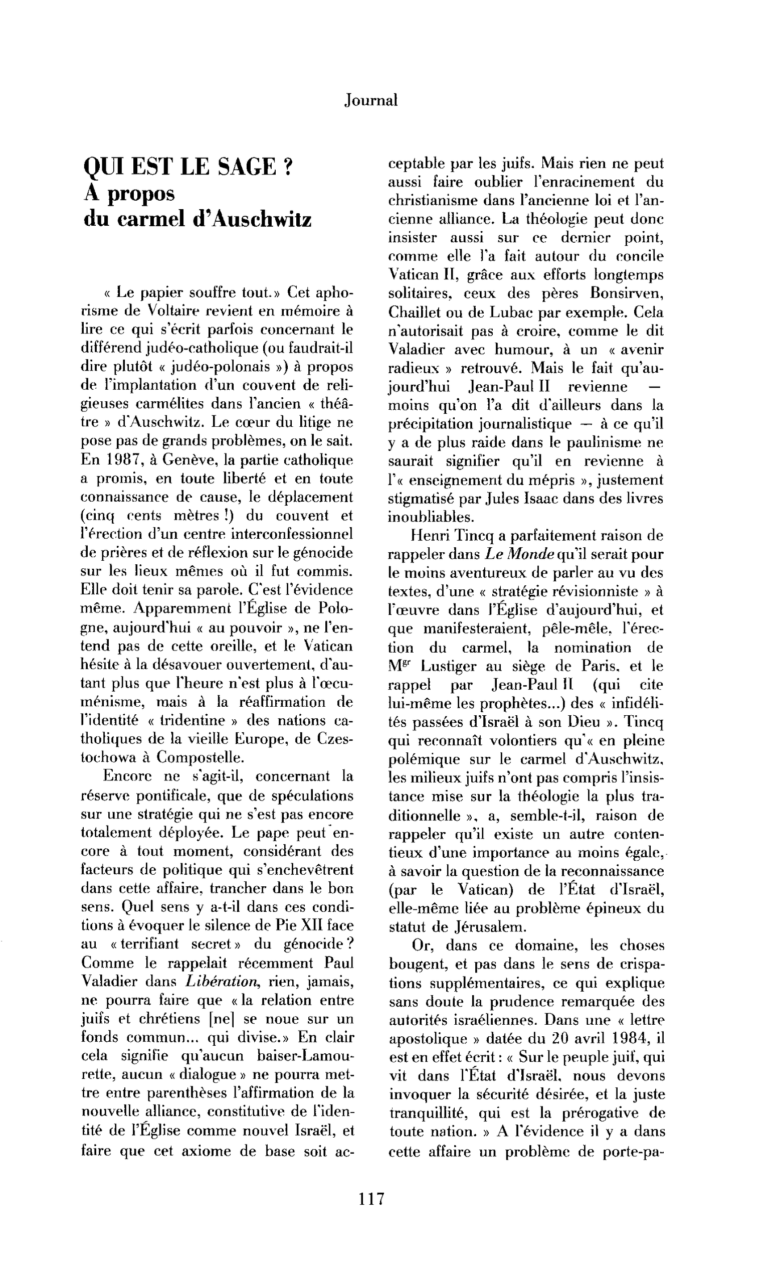 Qui est le sage ? A propos du carmel d’Auschwitz