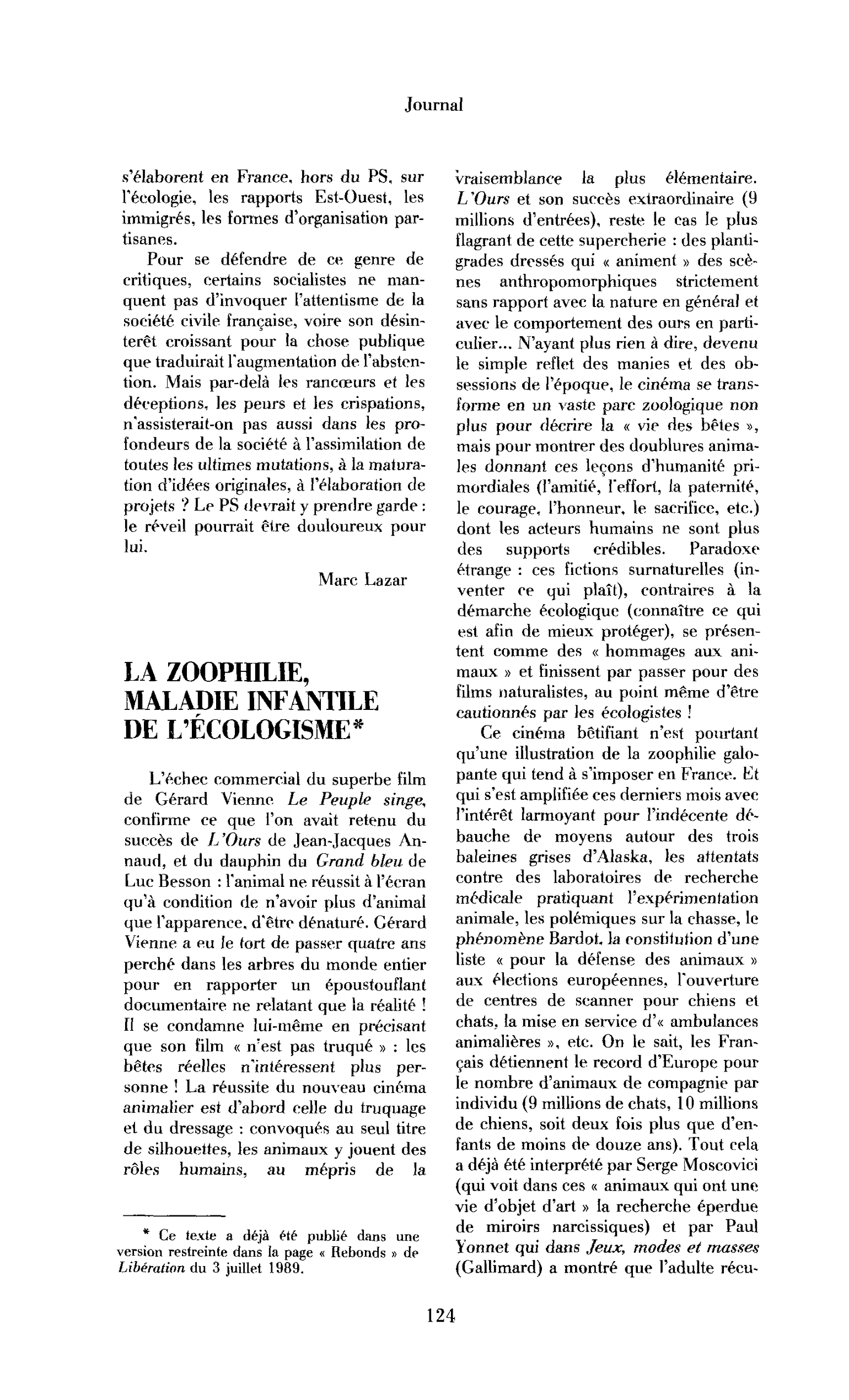 La zoophilie, maladie infantile de l’écologisme