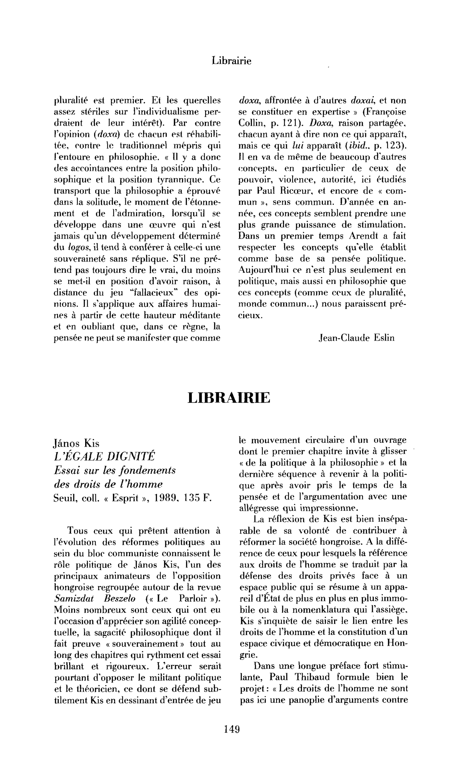 Janos Kis, L’Egale dignité. Essai sur les fondements des droits de l’homme