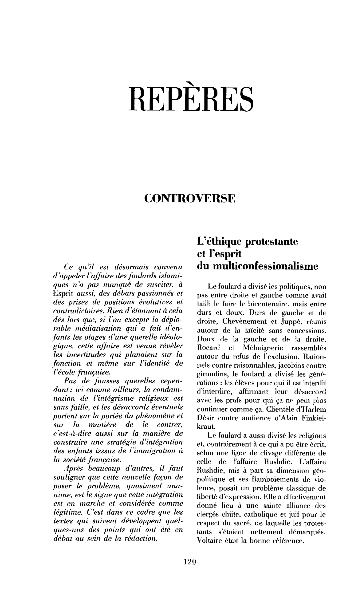 L’éthique protestante et l’esprit du multiconfessionnalisme
