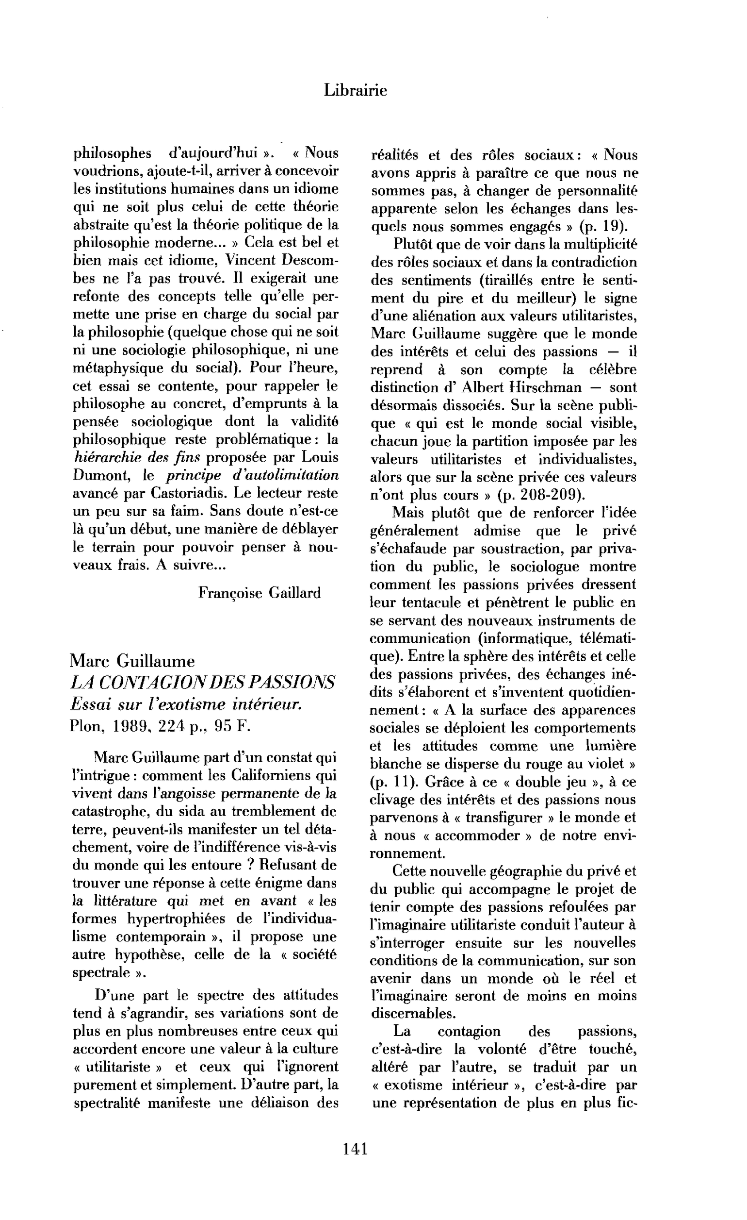Marc Guillaume, La Contagion des passions. Essai sur l’exotisme intérieur