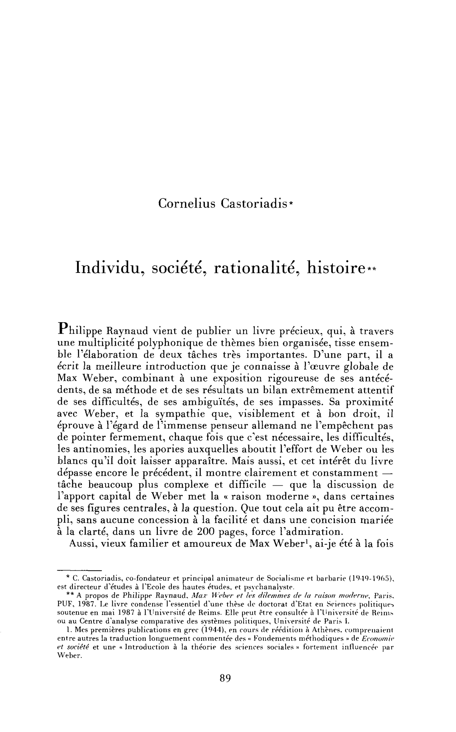 Individu, société, rationalité, histoire (le « Max Weber » de Philippe Raynaud)
