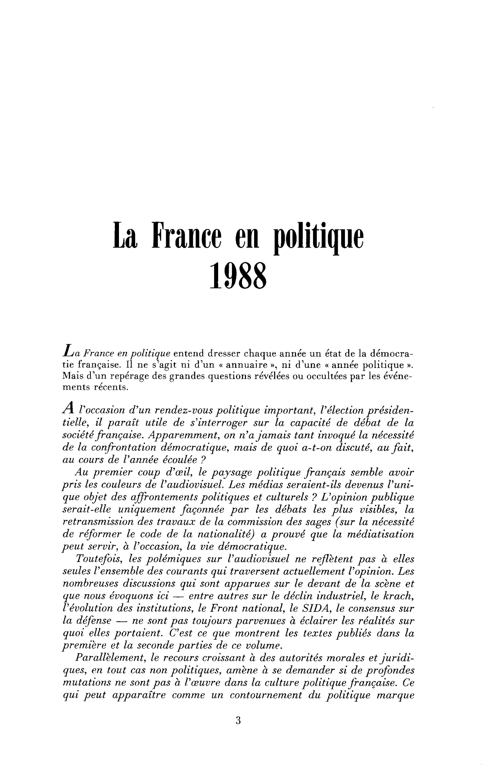 La France en politique, 1988 : Introduction