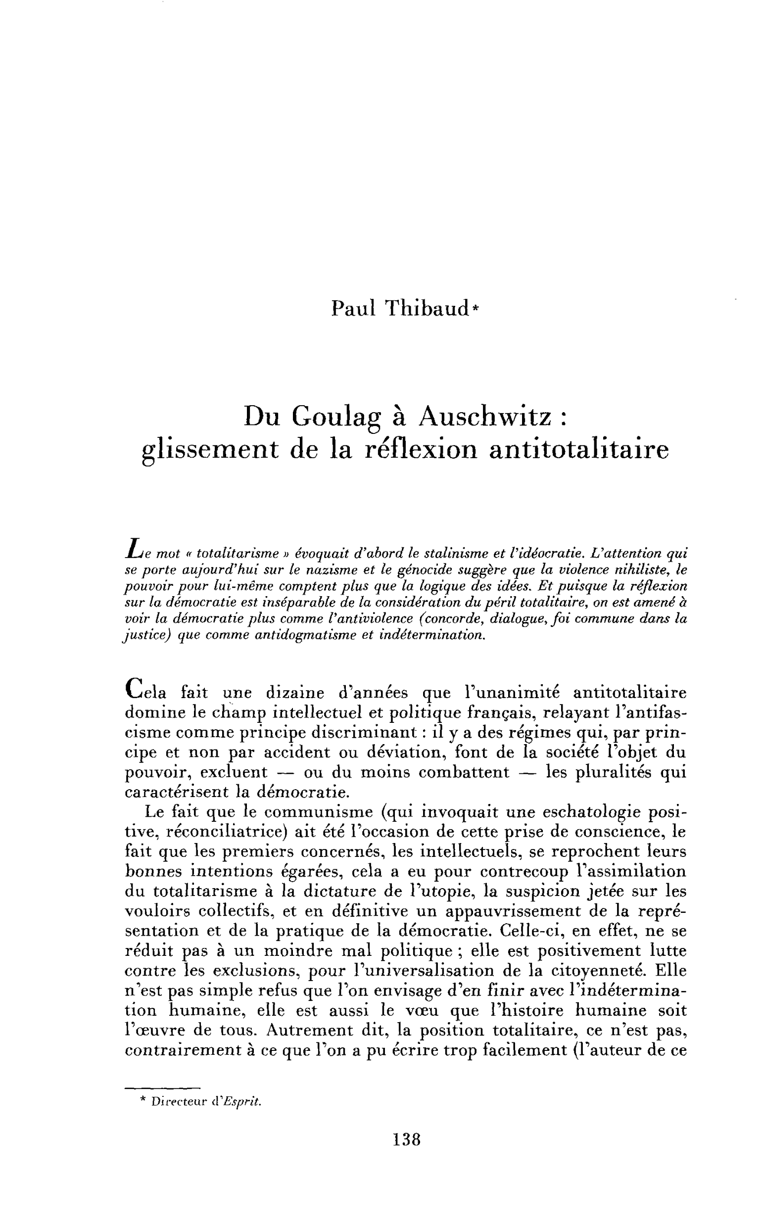 Du Goulag à Auschwitz : glissement de la réflexion antitotalitaire