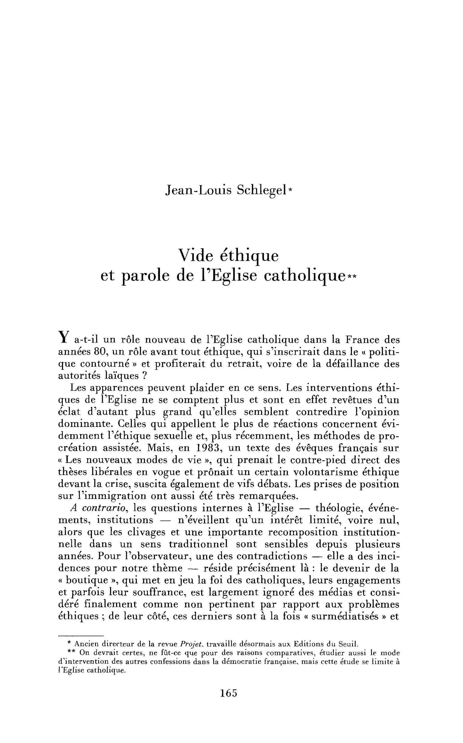Vide éthique et parole de l’Eglise catholique