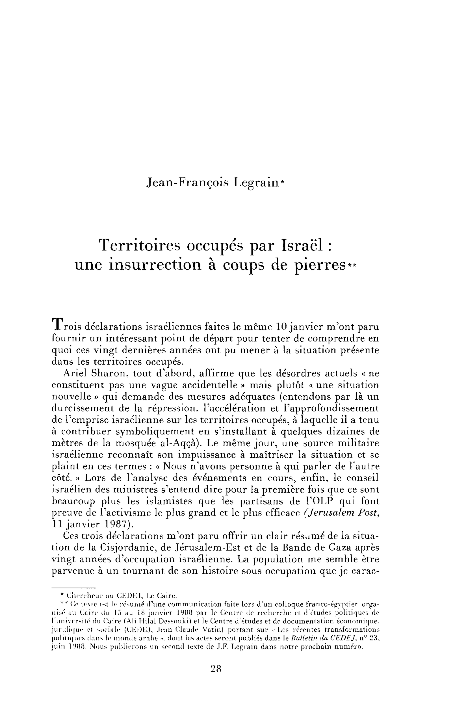 Territoires occupés par Israël : une insurrection à coups de pierres (I)