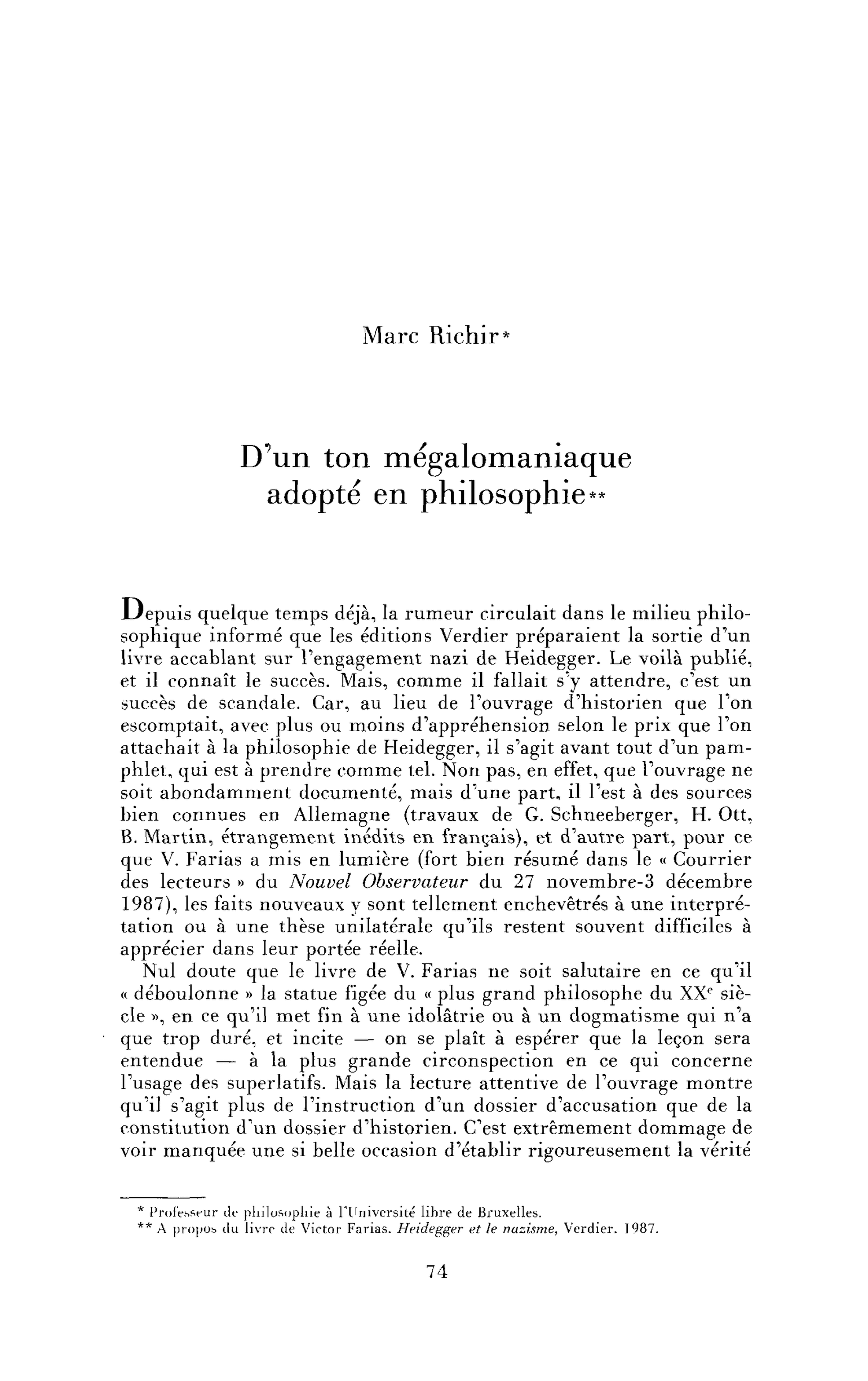 D’un ton mégalomaniaque adopté en philosophie (Heidegger)