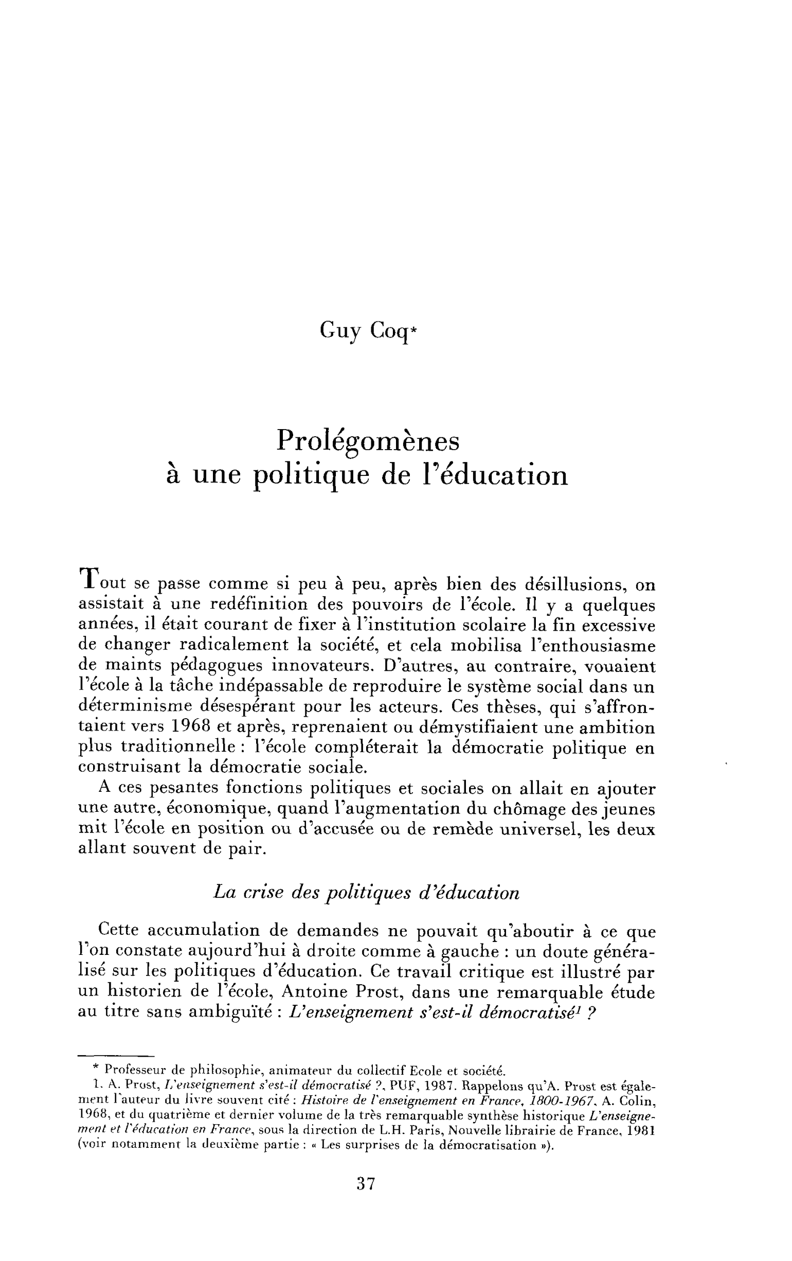 Prolégomène à une politique de l’éducation