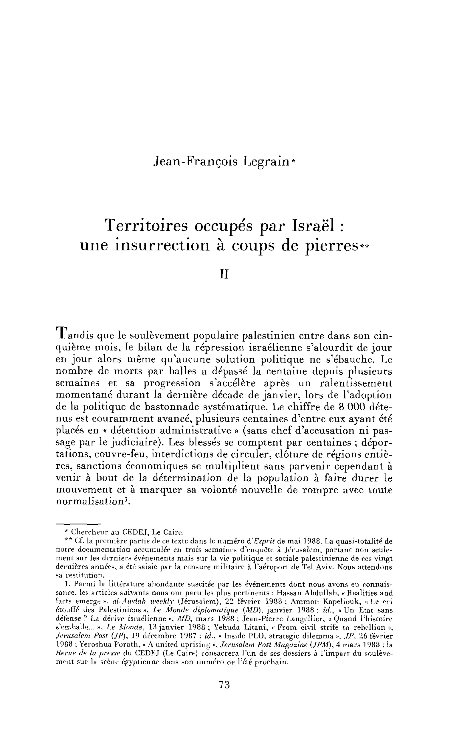 Territoires occupés par Israël : une insurrection à coups de pierres (II)