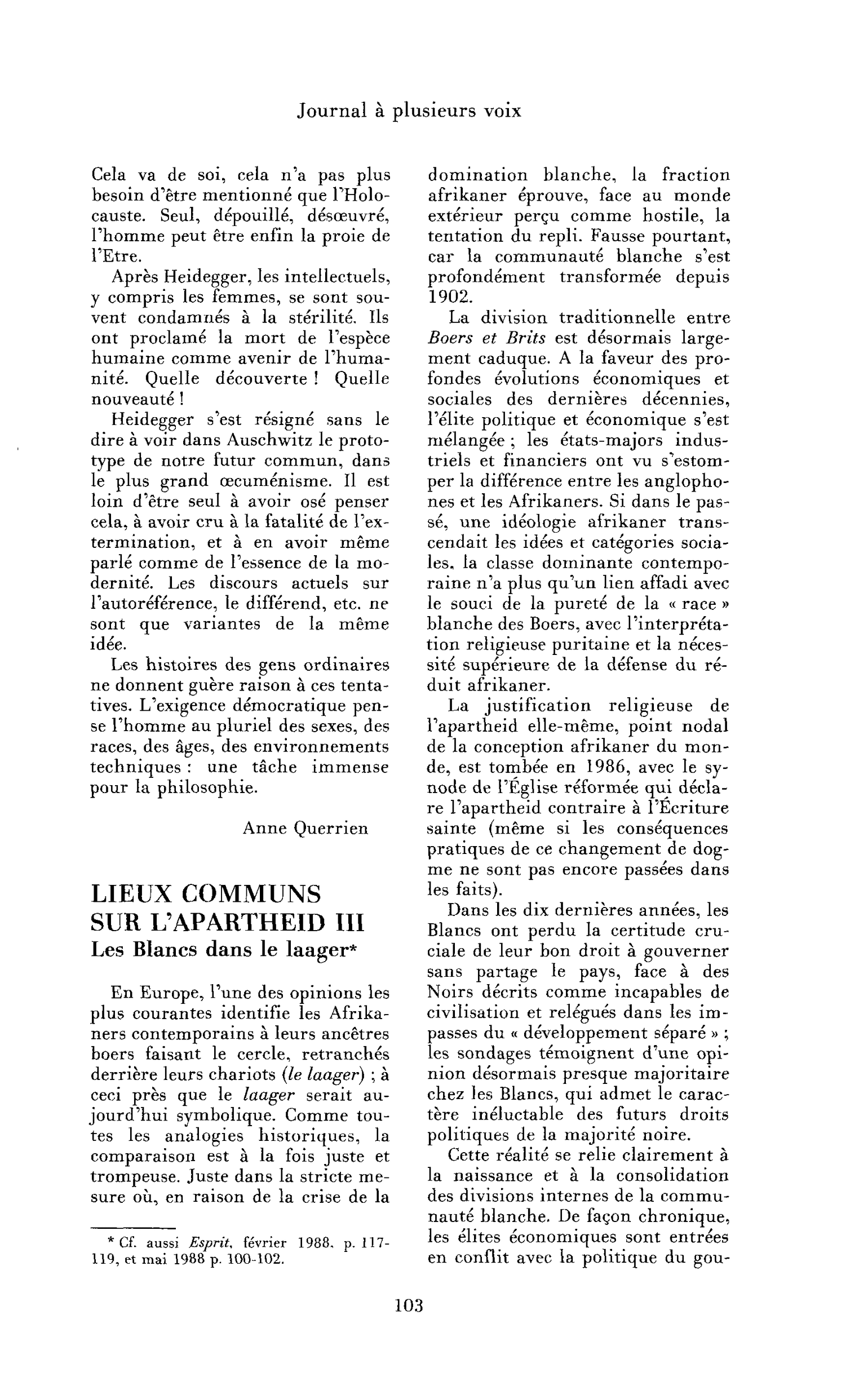 Lieux communs sur l’Apartheid III