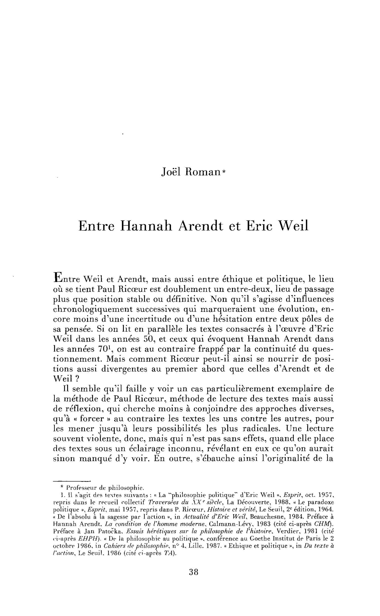 Entre Hannah Arendt et Eric Weil