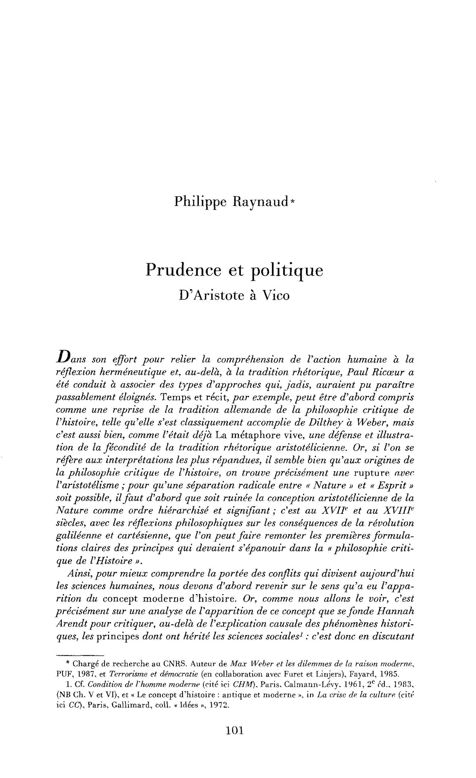 Prudence et politique : d’Aristote à Vico