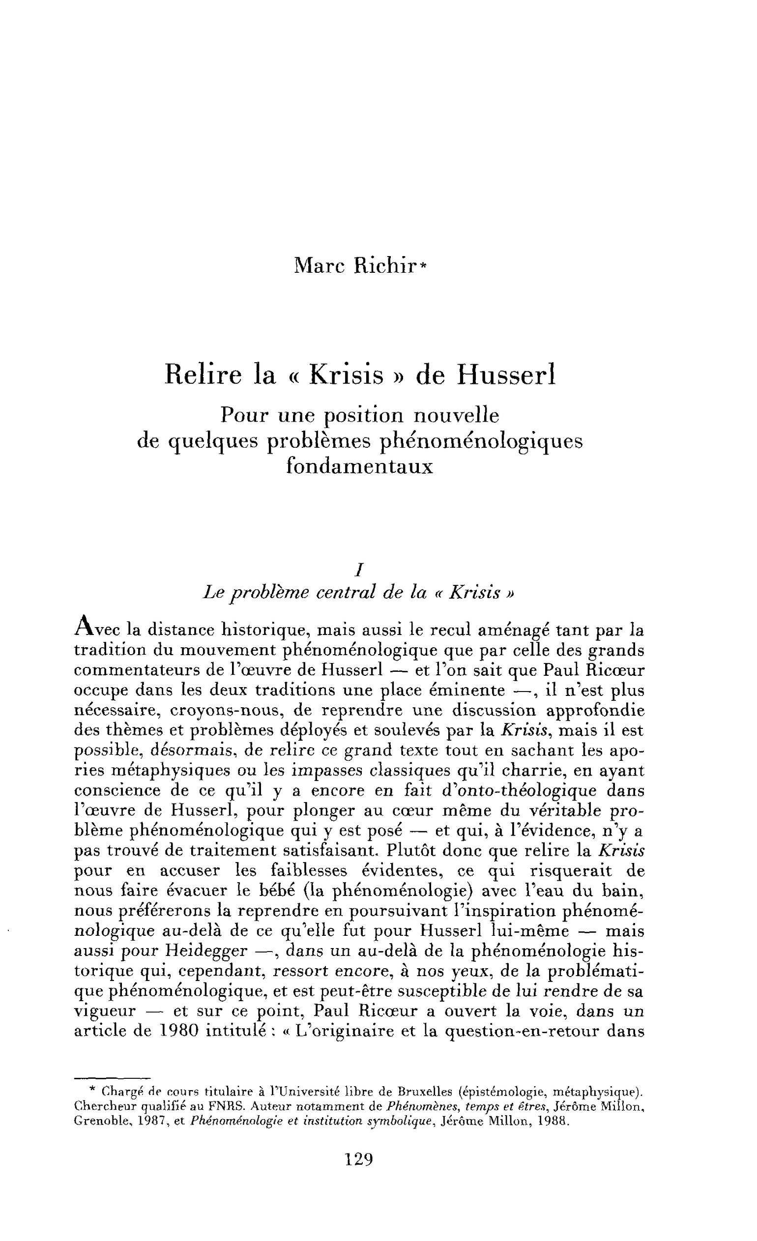 Relire la « Krisis » de Husserl