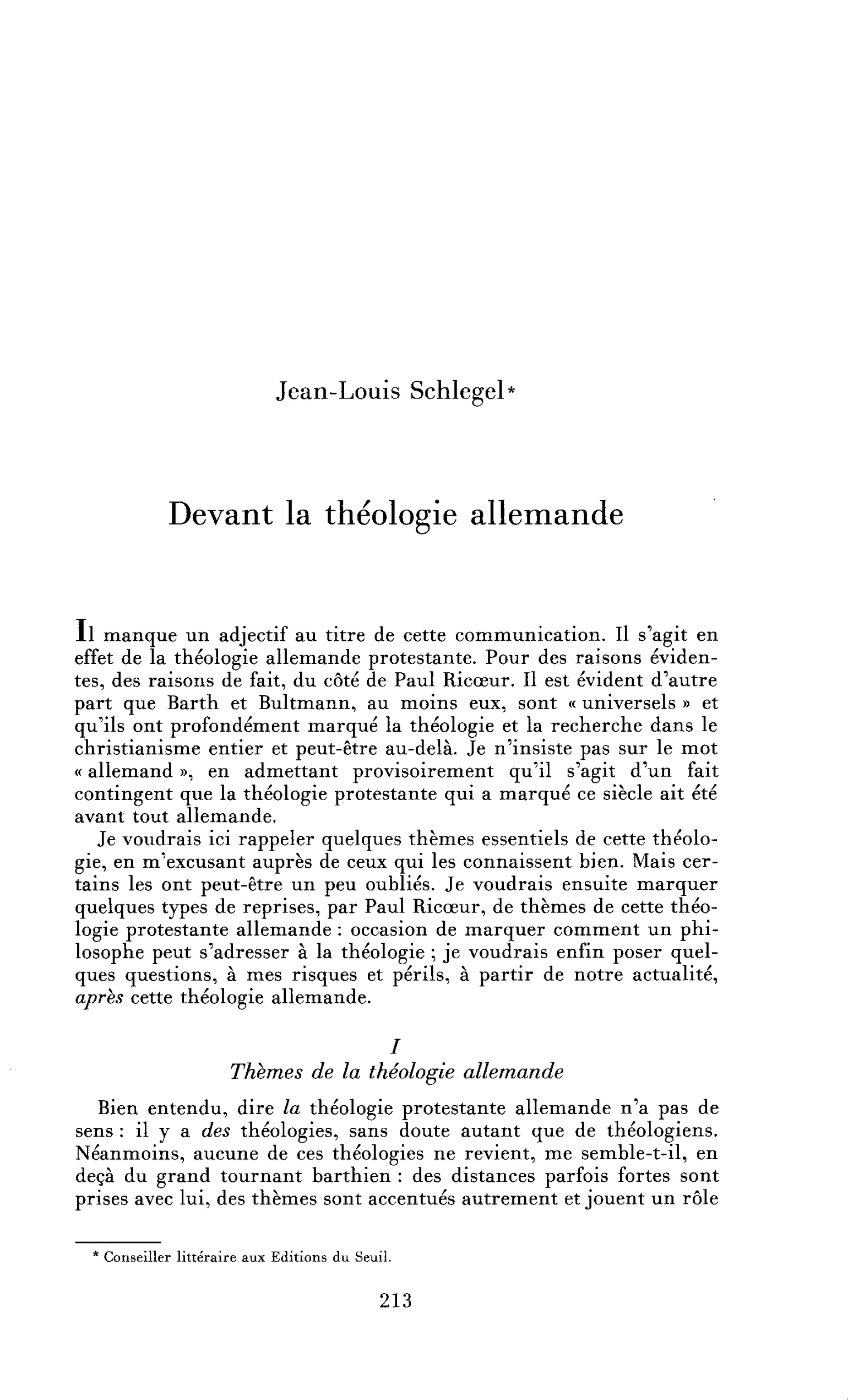 Devant la théologie allemande