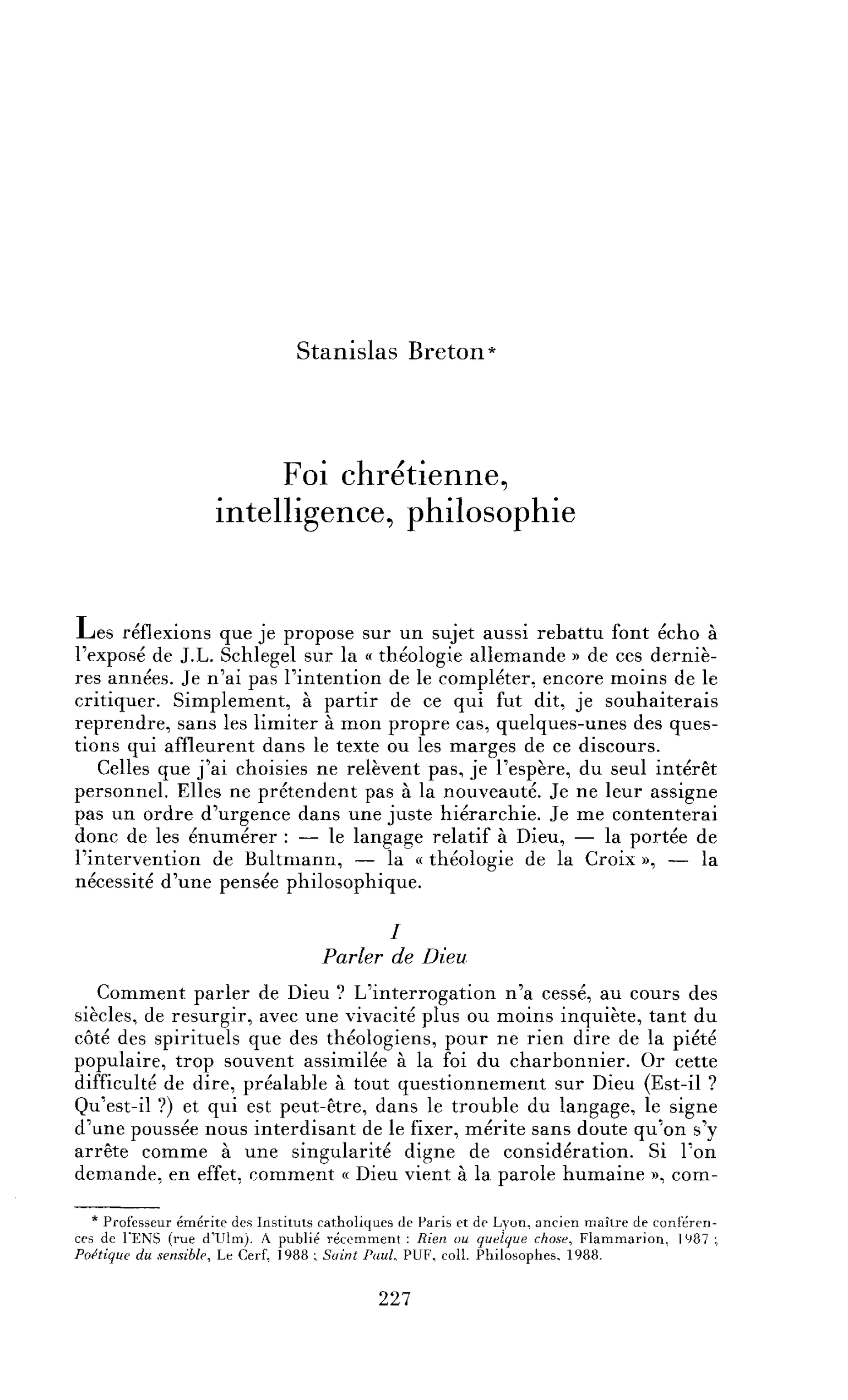 Foi chrétienne, intelligence, philosophie