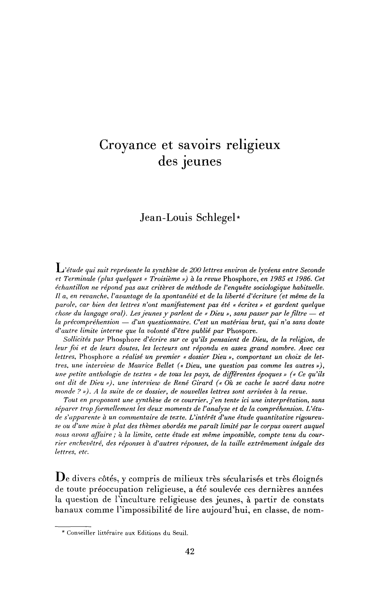 Croyances et savoirs religieux des jeunes