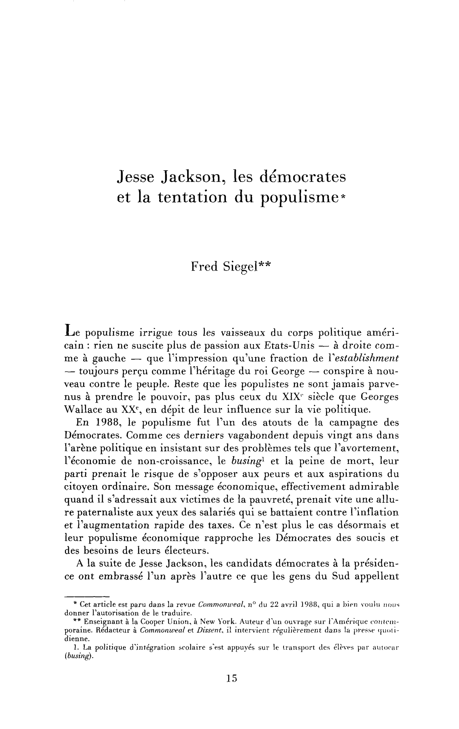 Jesse Jackson, les Démocrates et la tentation du populisme