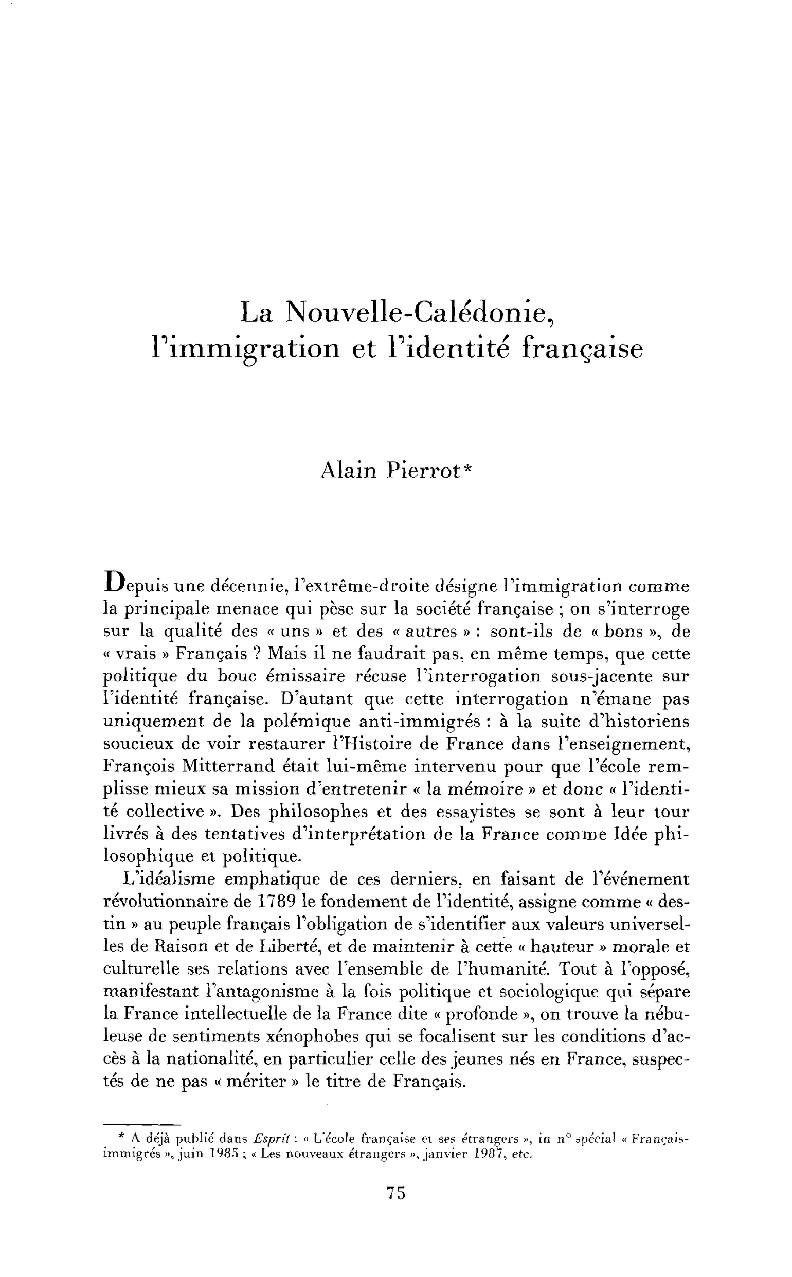 La Nouvelle-Calédonie, l’immigration et l’identité française