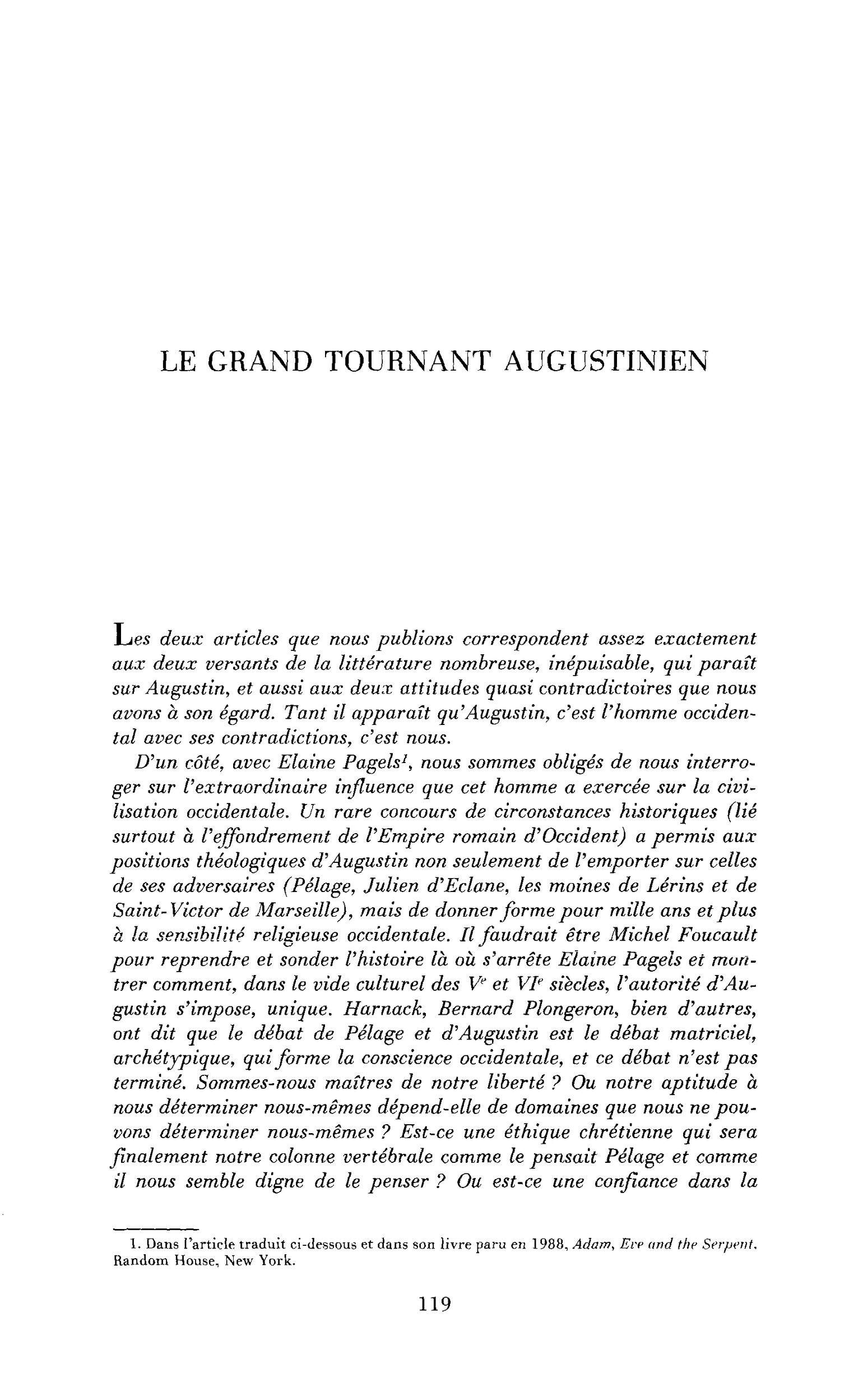 Le grand tournant augustinien : introduction