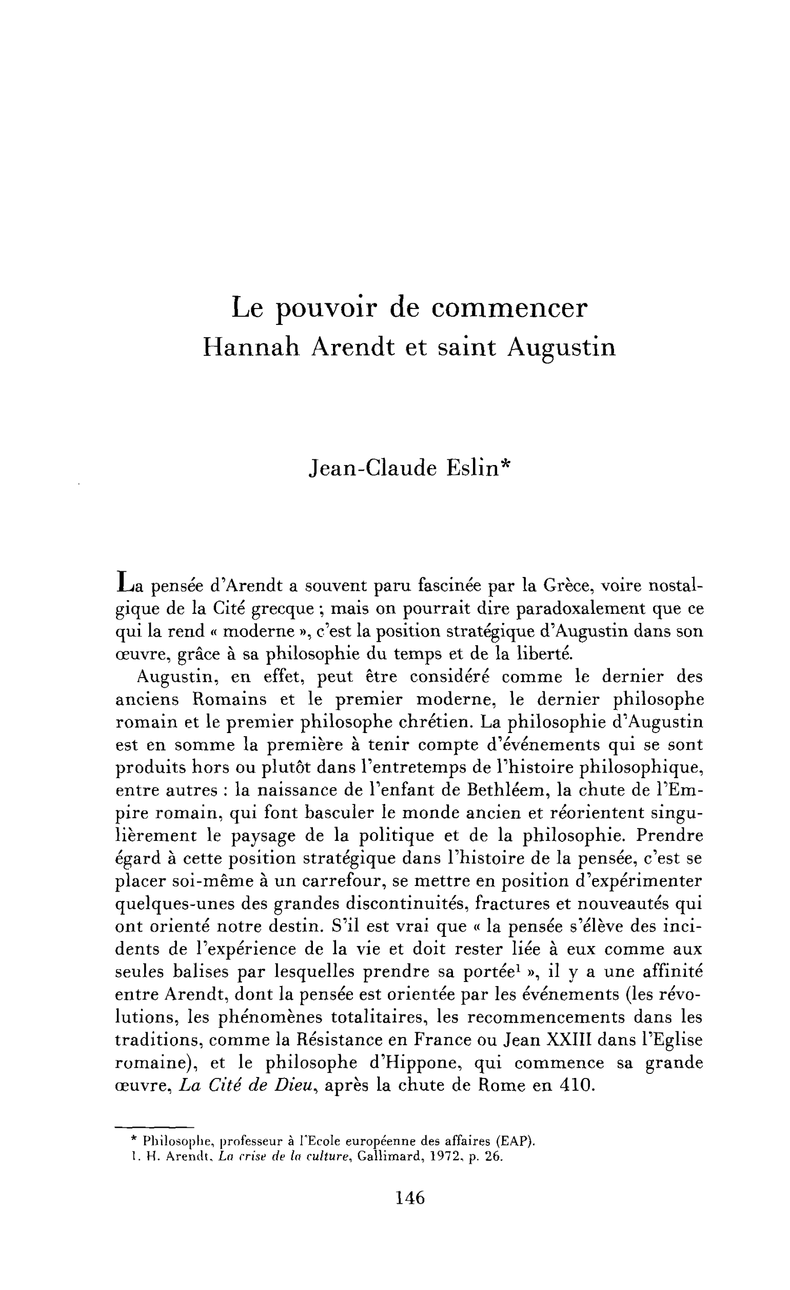 Le pouvoir de commencer : Hannah Arendt et saint Augustin