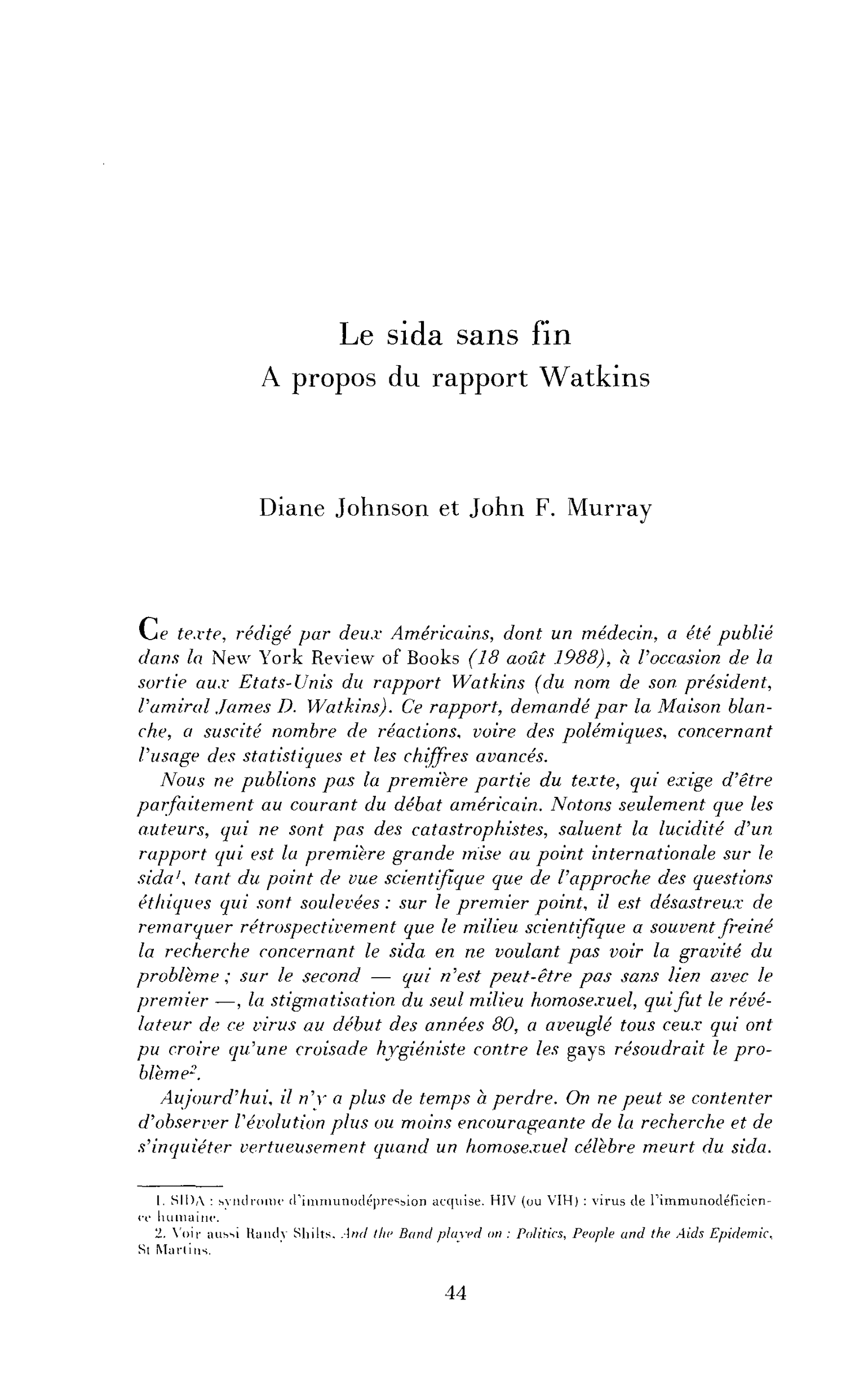 Le sida sans fin : à propos du rapport Watkins