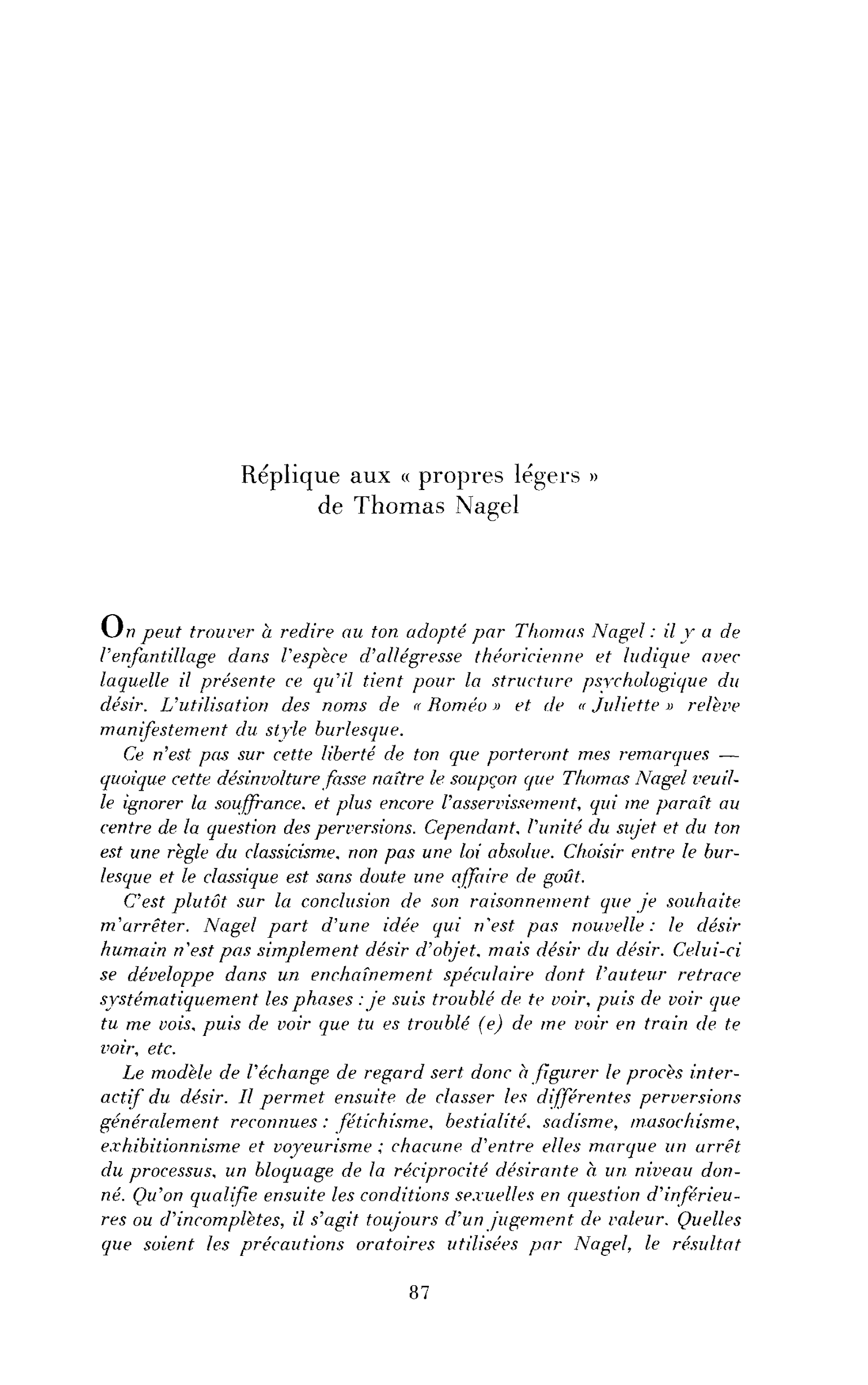 Réplique aux « propos légers » de Thomas Nagel