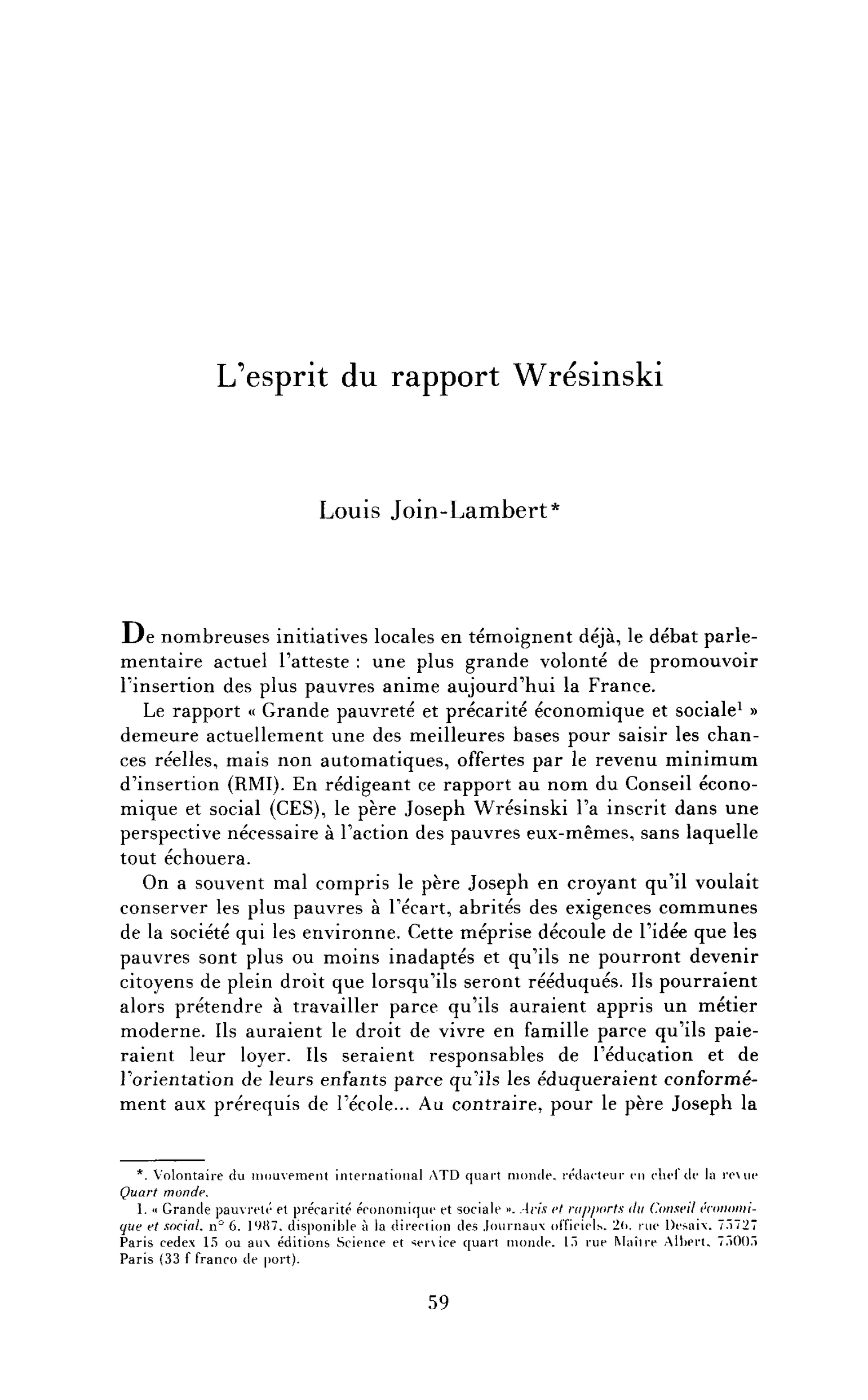 L’esprit du rapport Wrésinski