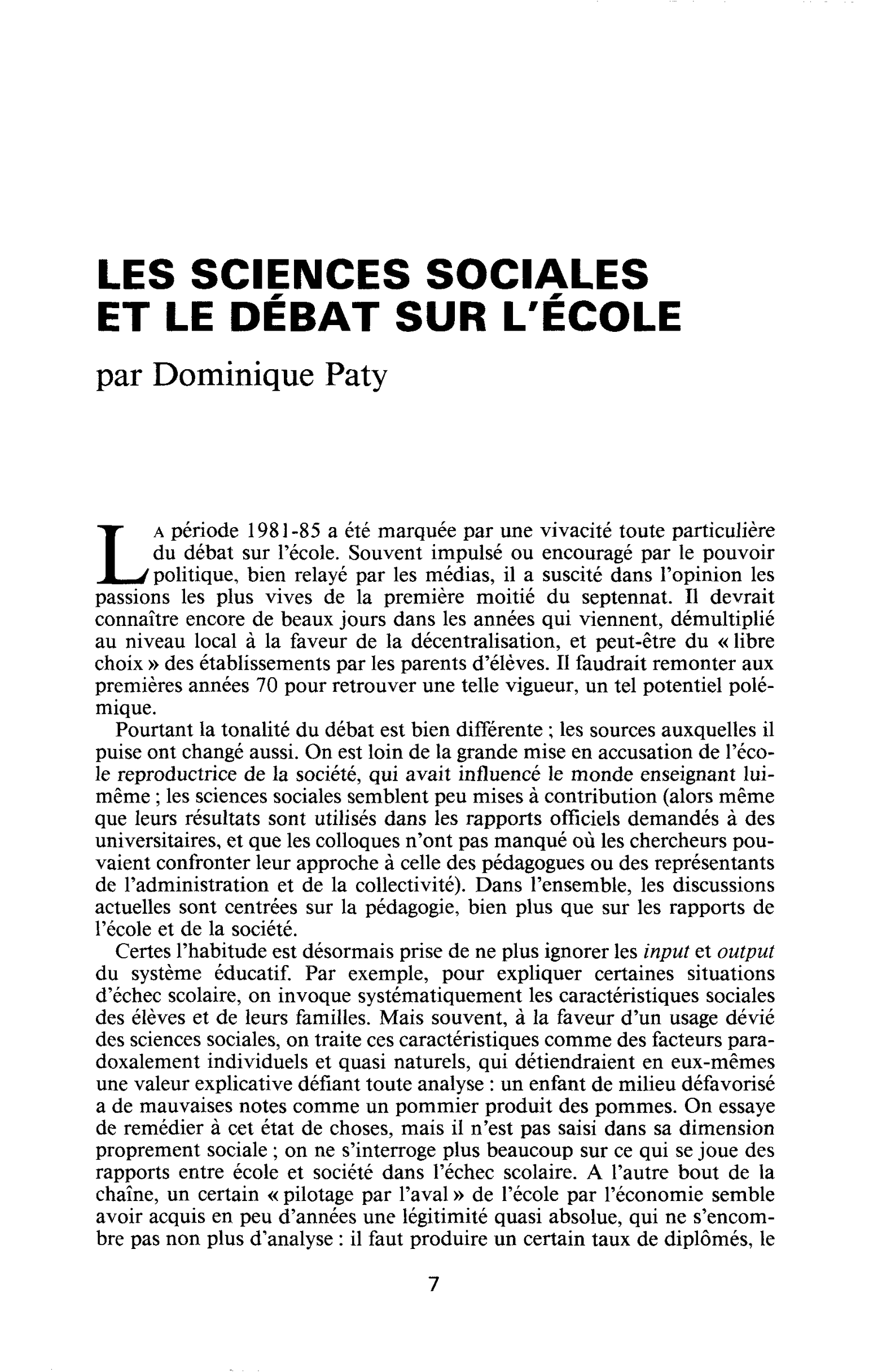 Les sciences sociales et le débat sur l’école
