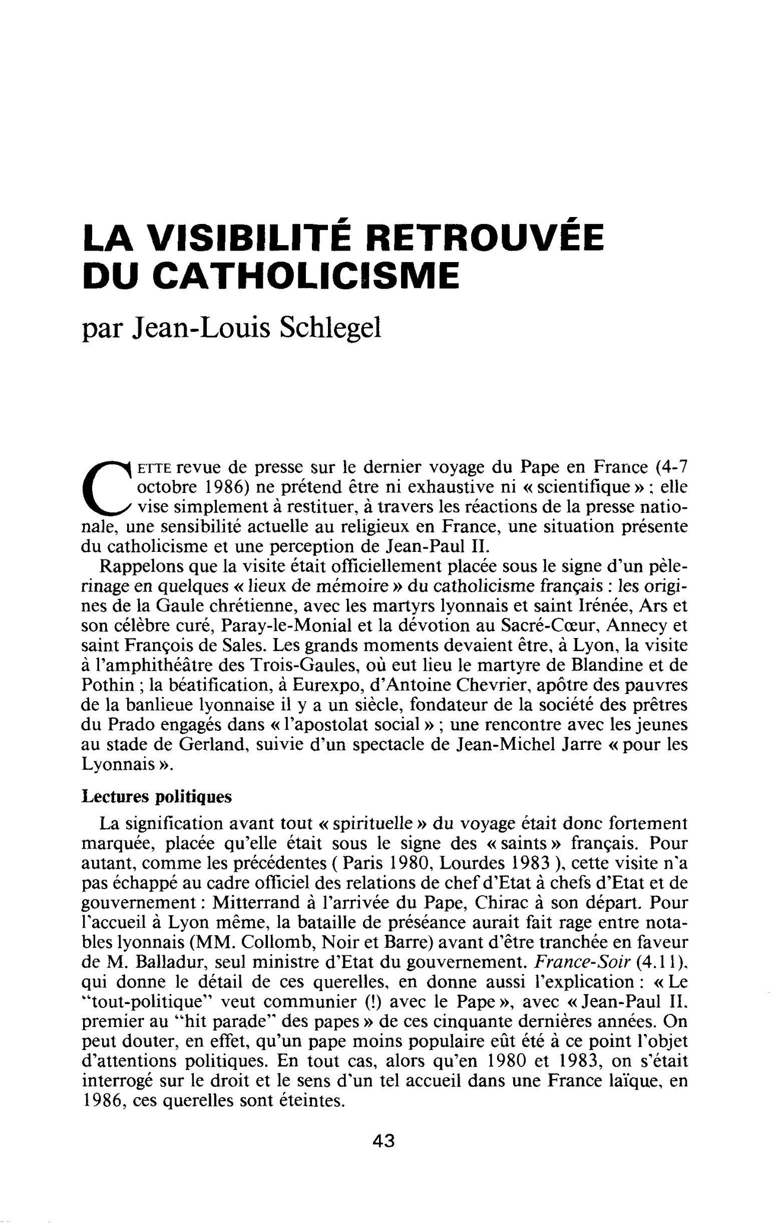 La visibilité retrouvée du catholicisme