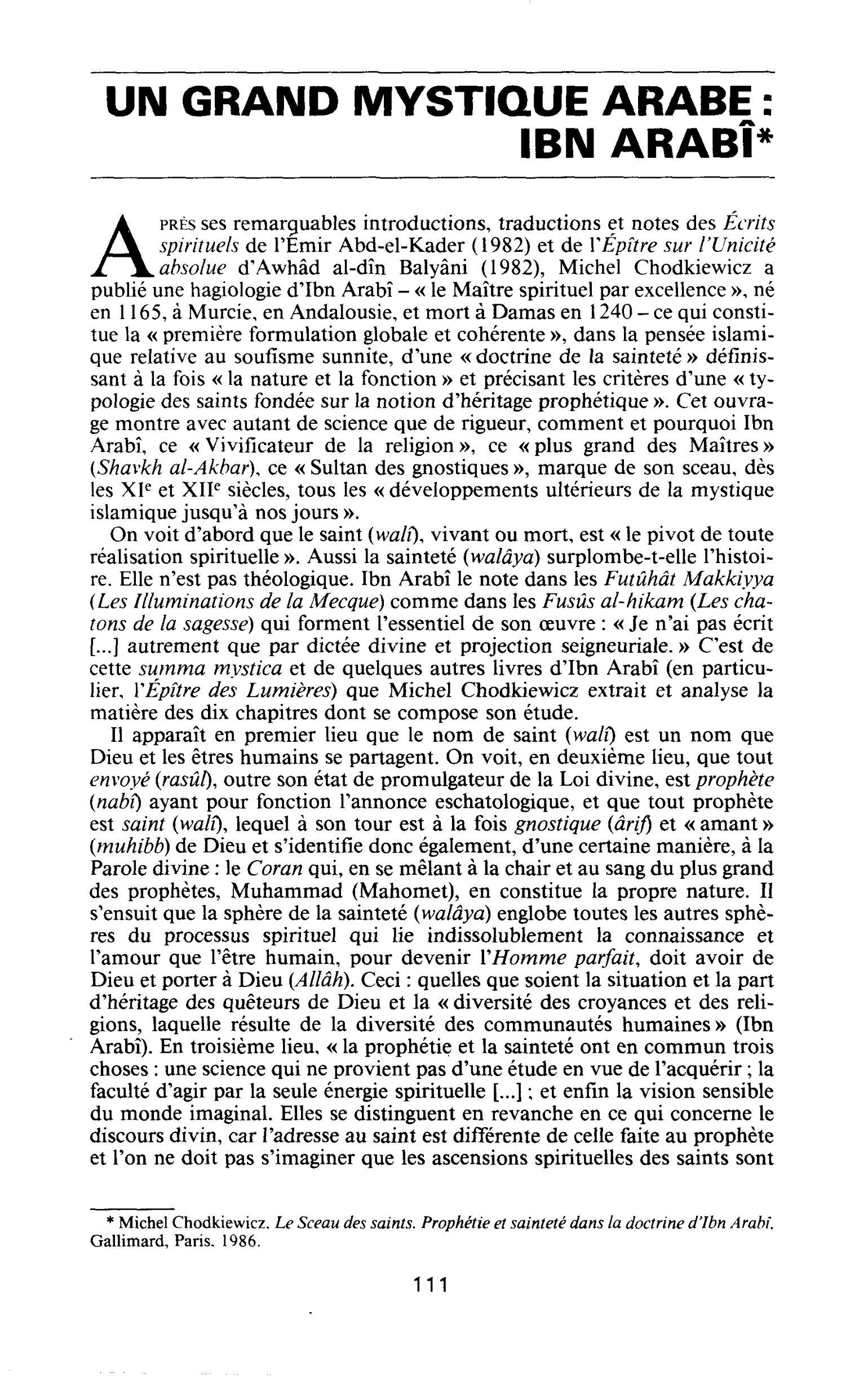 Un grand mystique arabe: Ibn Arabî