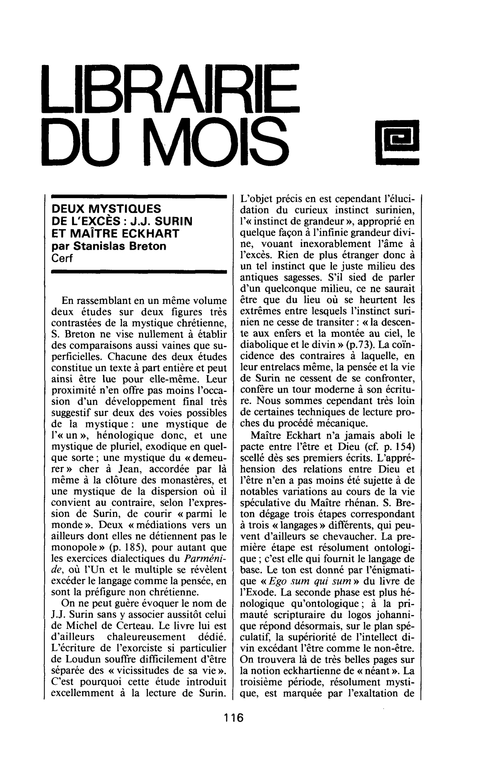 Deux mystiques de l’excès: J.J. Surin et Maître Eckhart, par Stanislas Breton