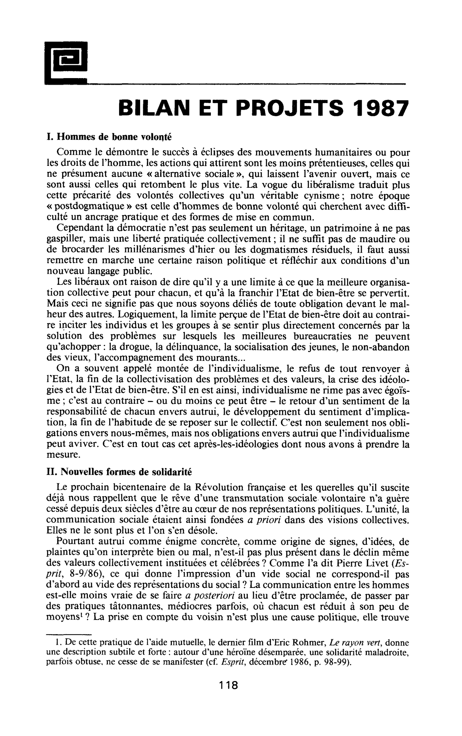 Bilan et projets 1987