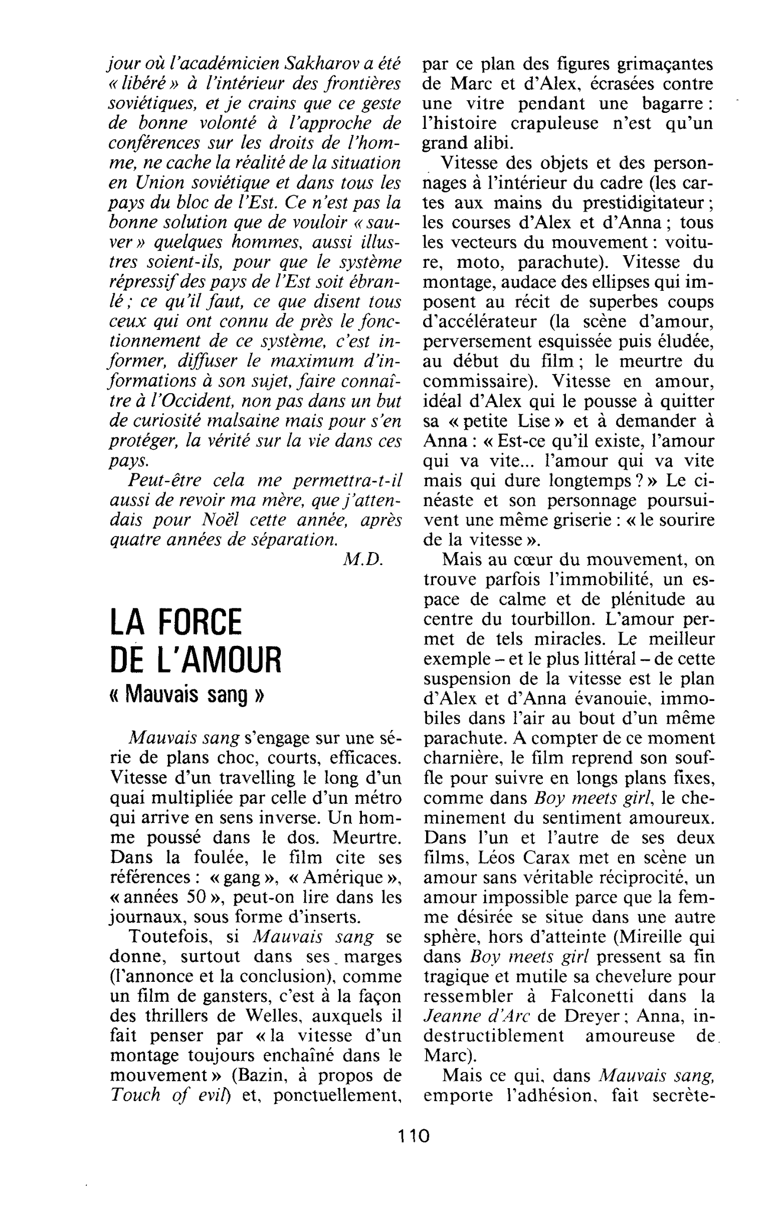 La force de l’amour (« Mauvais sang »)
