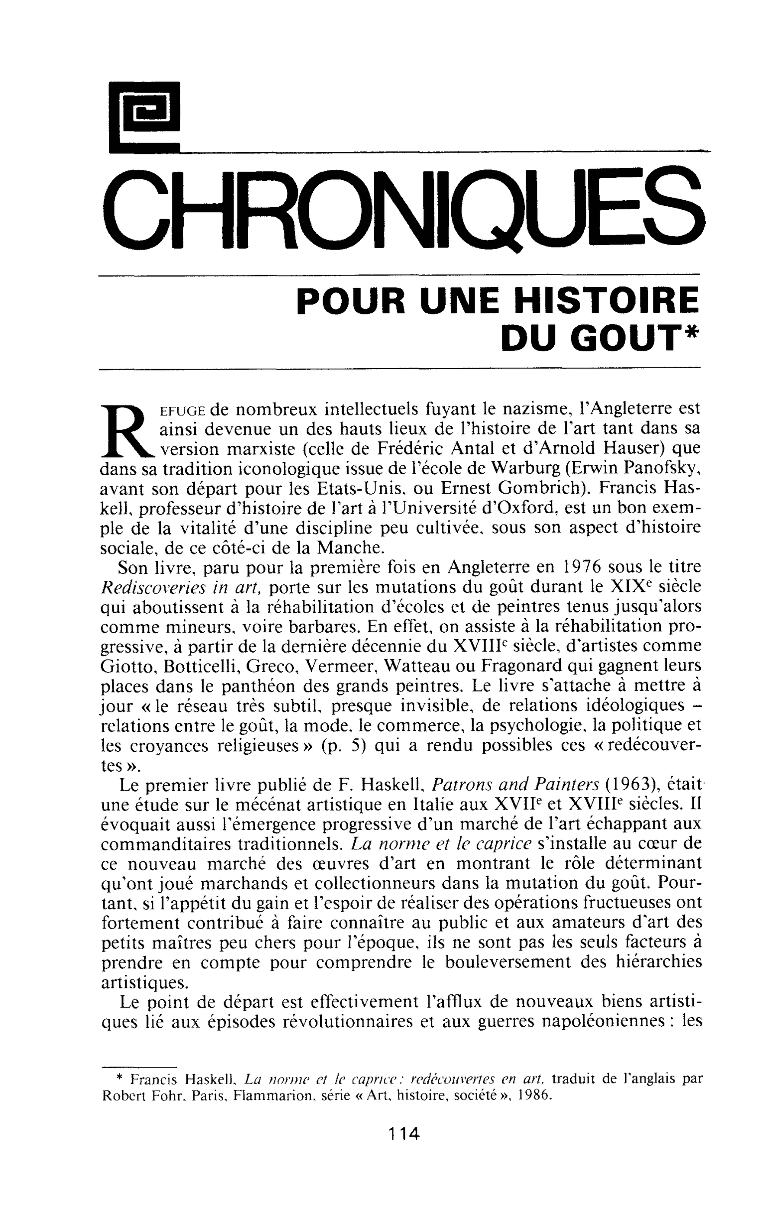 Pour une histoire du goût (Francis Haskell)