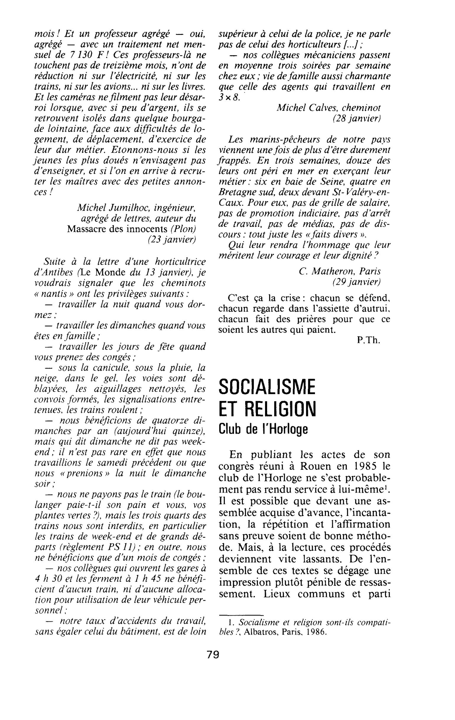 Socialisme et religion. Club de l’Horloge