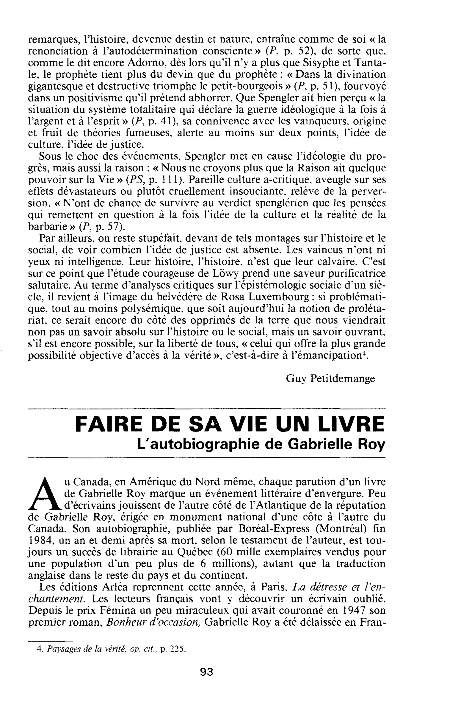 Faire de sa vie un livre. L’autobiographie de Gabrielle Roy