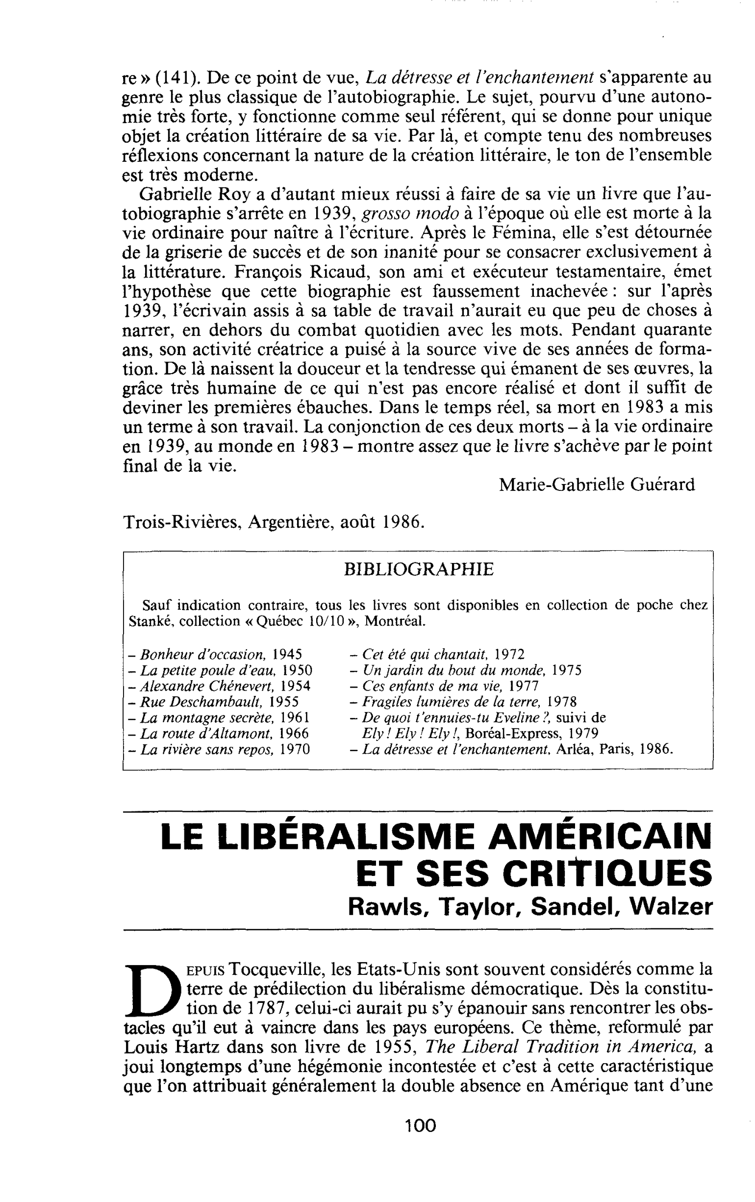 Le libéralisme américain et ses critiques, Rawls, Taylor, Sandel, Walzer