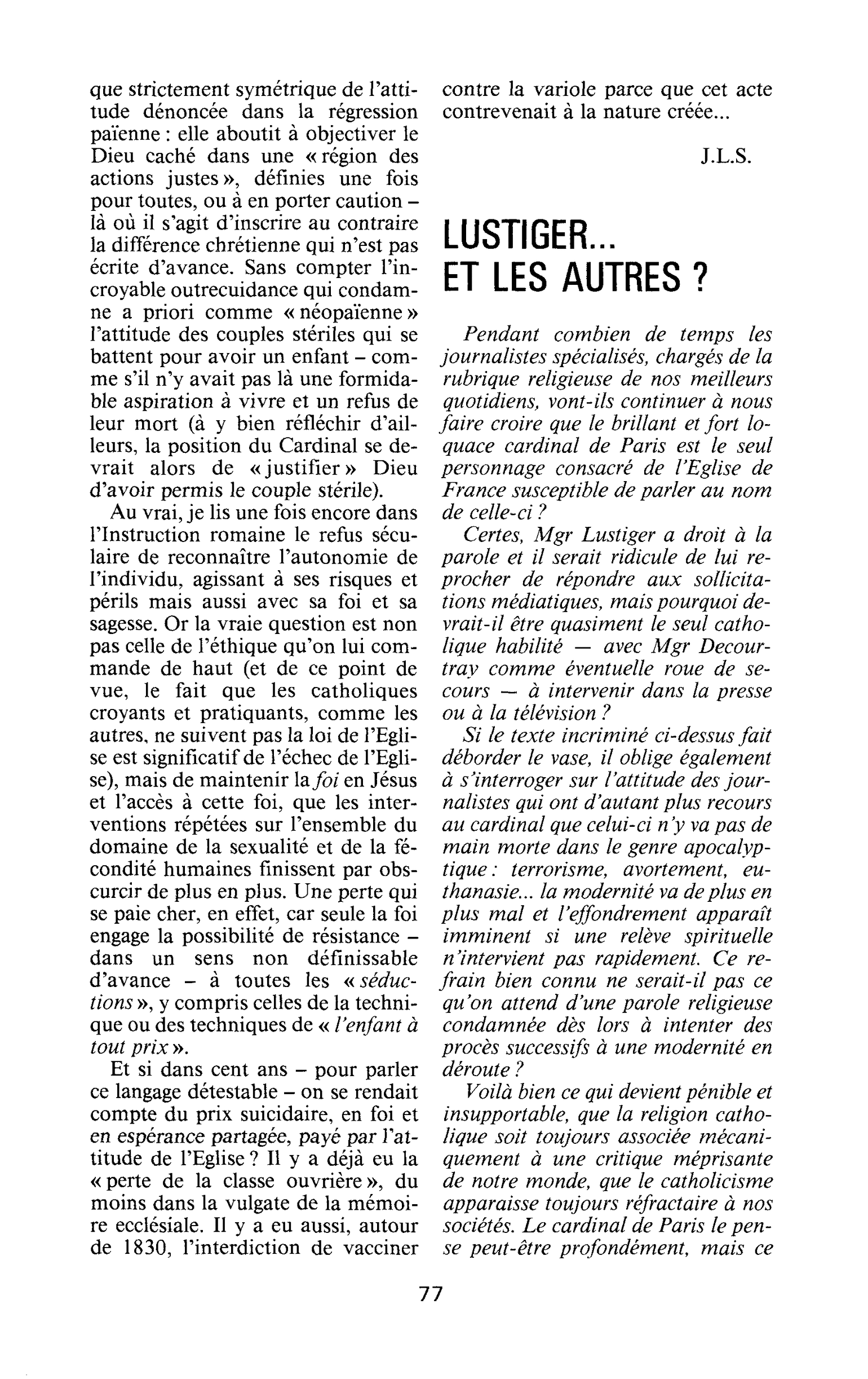 Lustiger…et les autres?