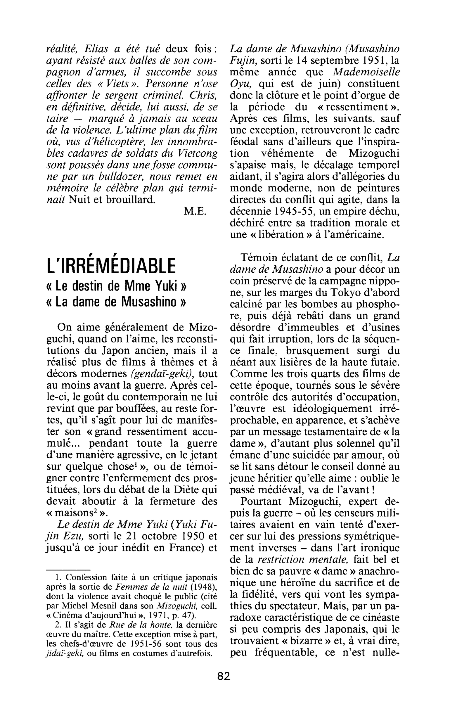 L’irrémédiable. « Le destin de Mme Yuki »; « La dame de Musashino »