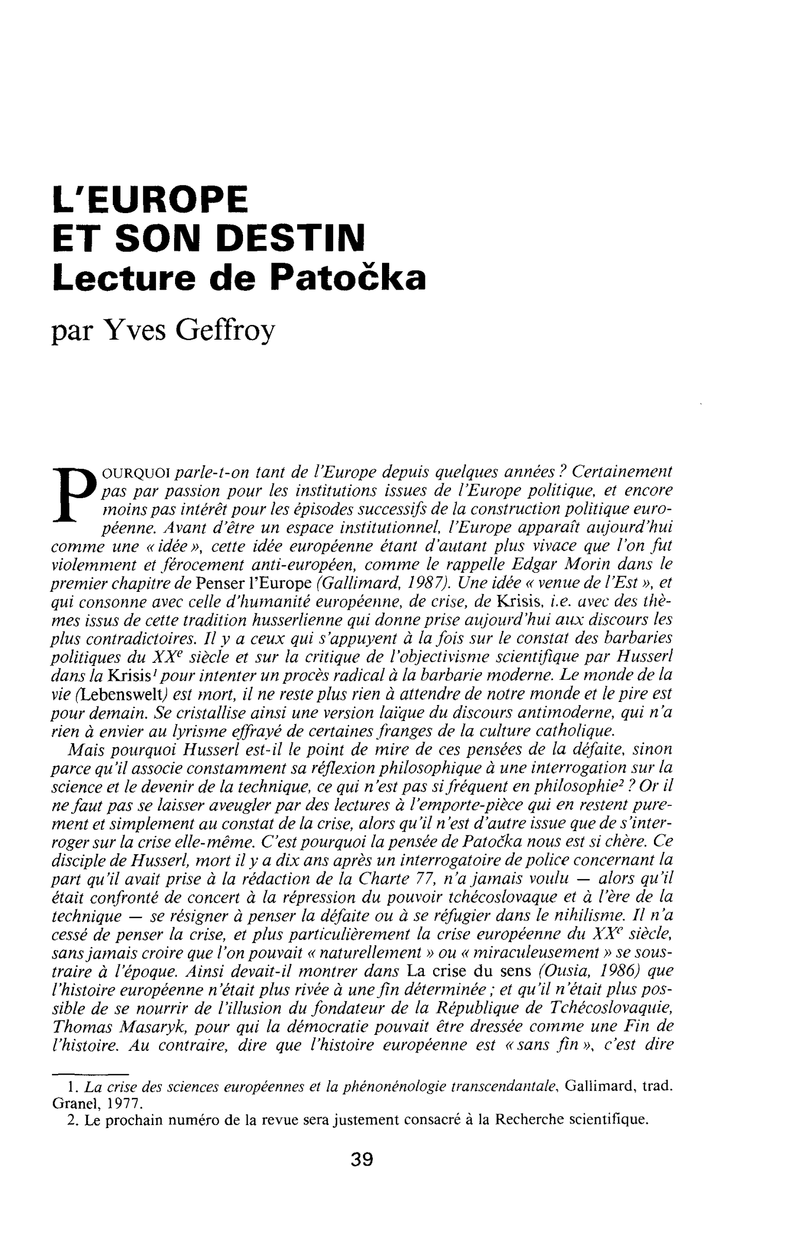 L’Europe et son destin - Lecture de Patocka