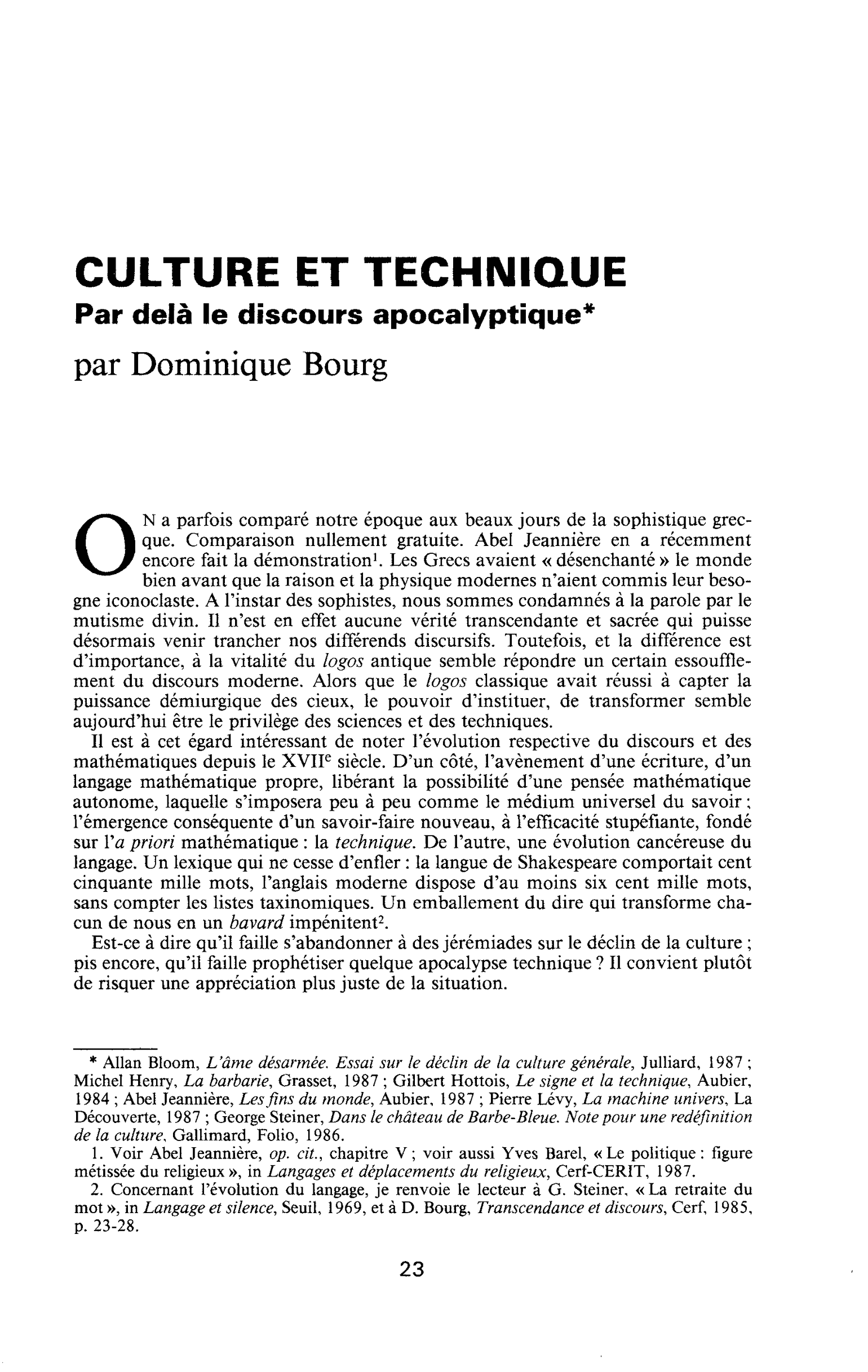 Culture et technique, par delà le discours apocalyptique