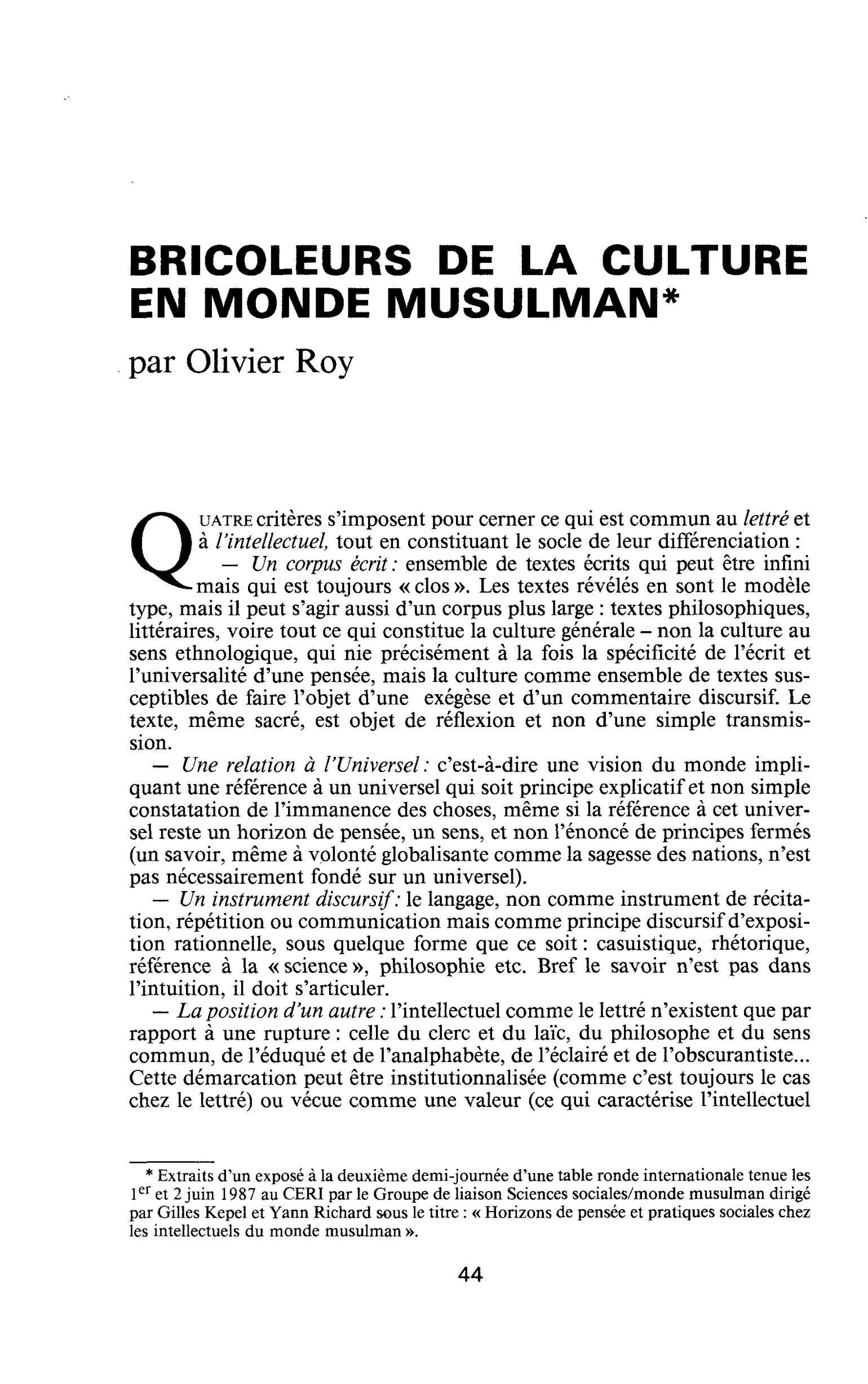 Bricoleurs de la culture en monde musulman