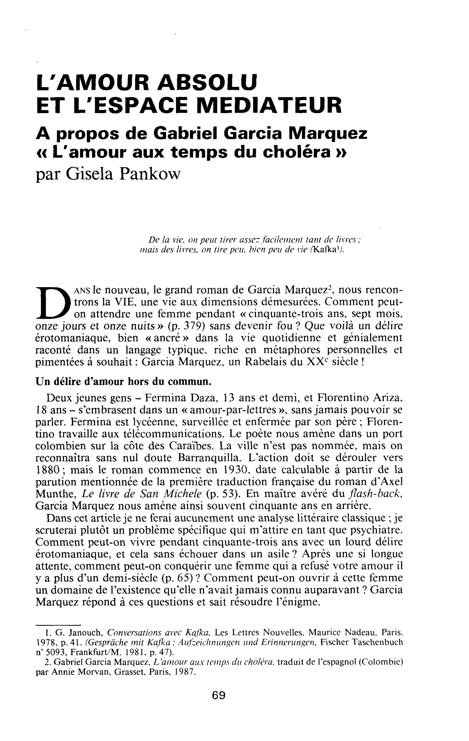 L’amour absolu et l’espace médiateur. a propos de Gabriel Garcia Marquez « L’amour au temps du choléra »