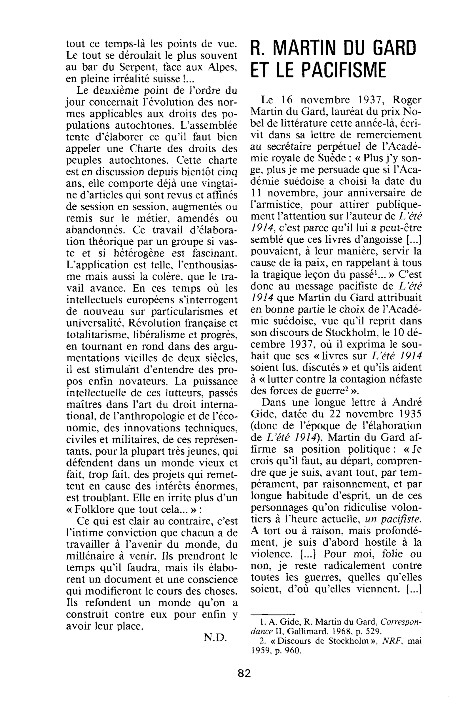 R. Martin du Gard et le pacifisme