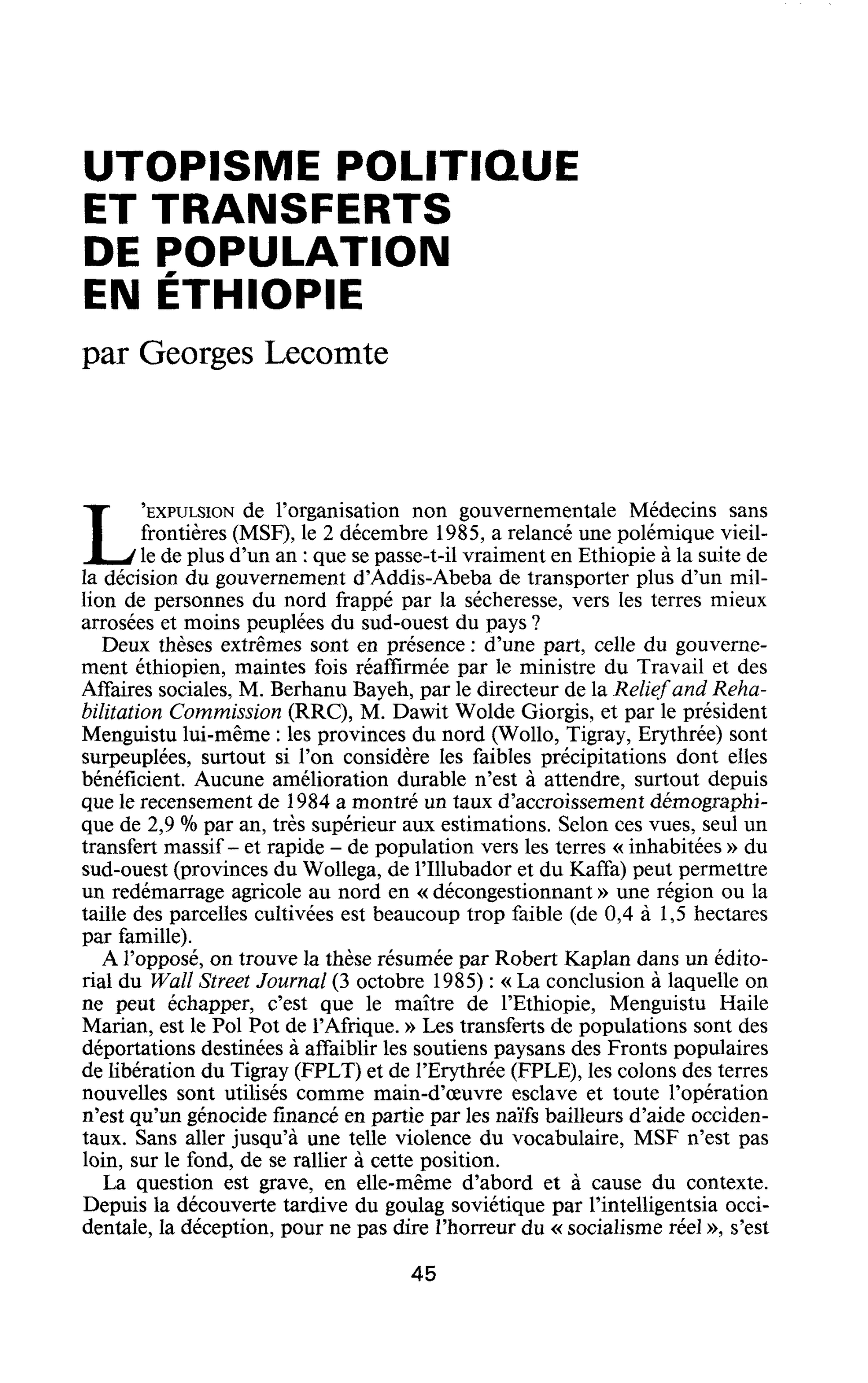 Utopisme politique et transferts de population en Ethiopie