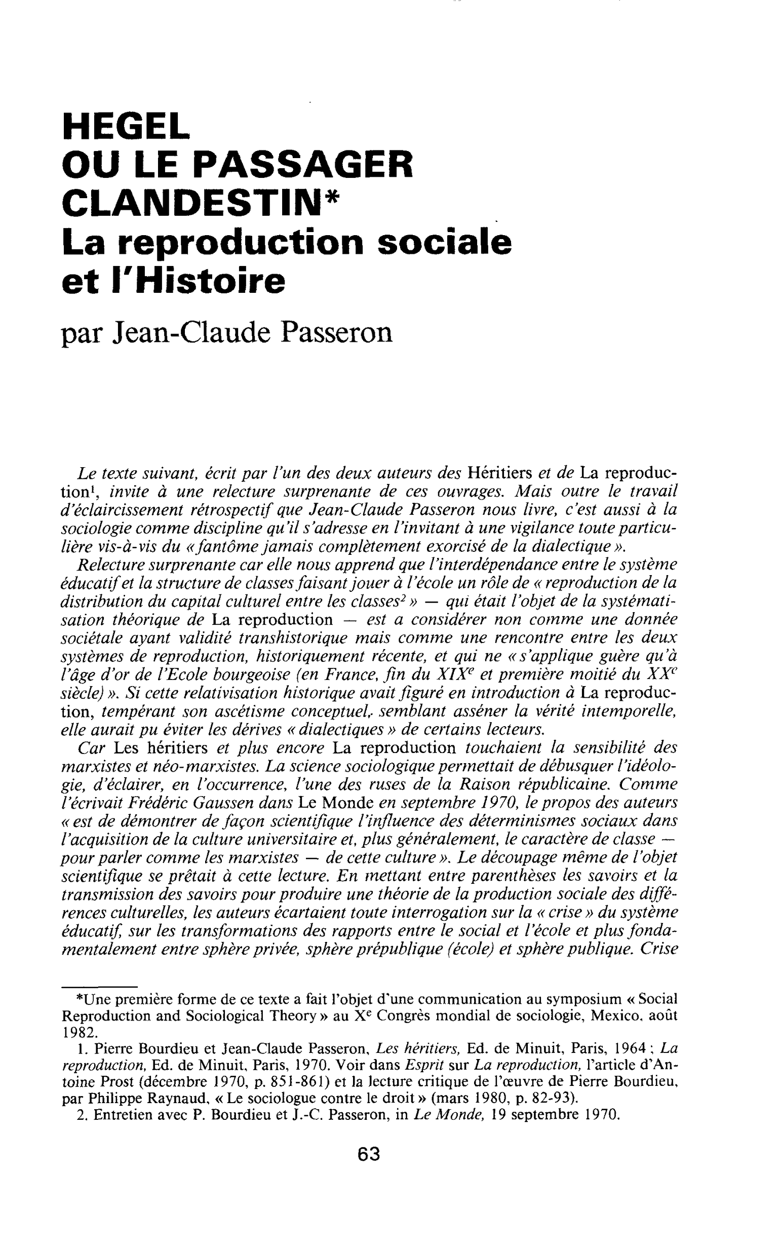 Hegel ou le passager clandestin - La reproduction sociale et l’Histoire