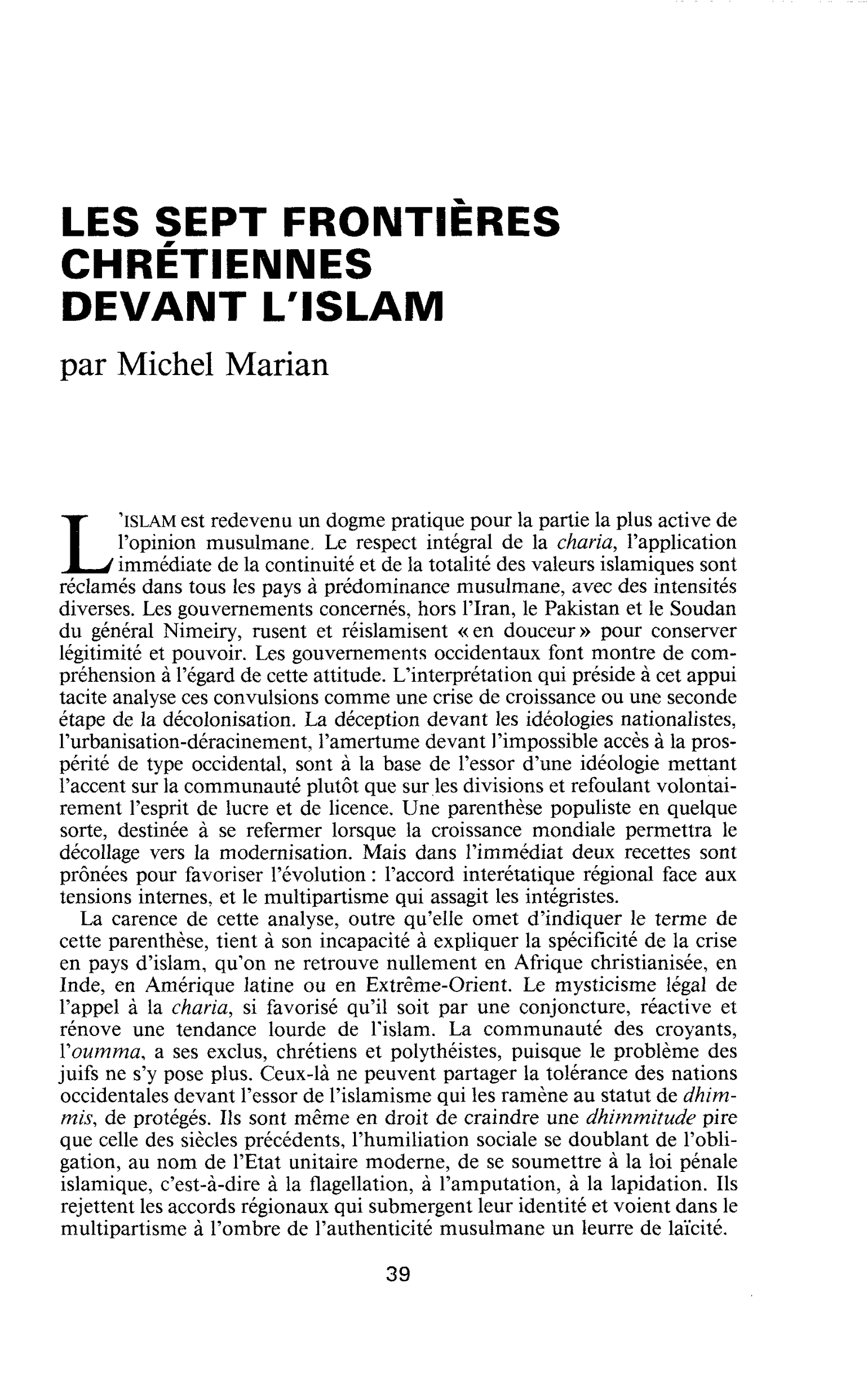 Les sept frontières chrétiennes devant l’islam